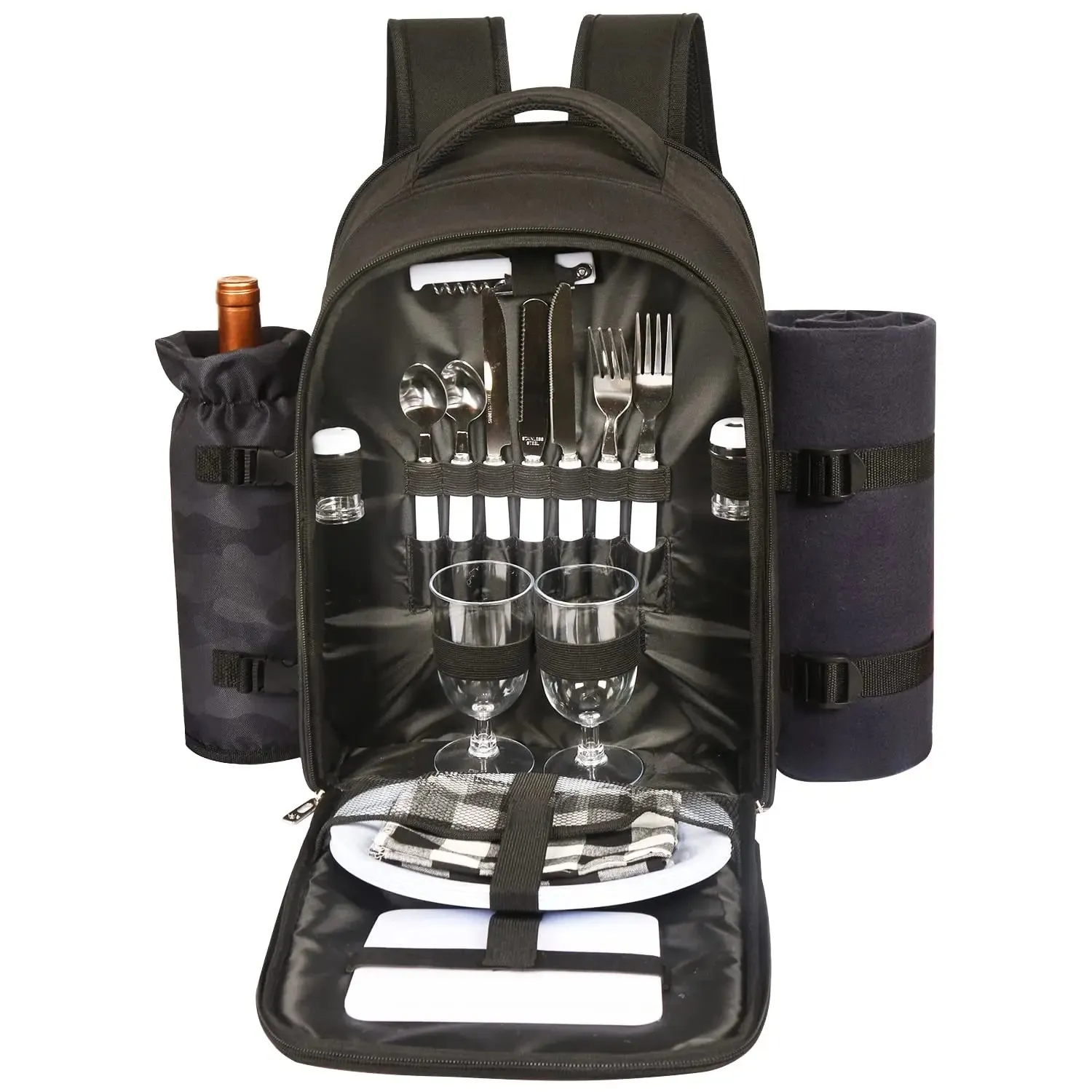 2 Person Picnic Backpack Bag with Wine Pouch, Blanket & Cutlery Set