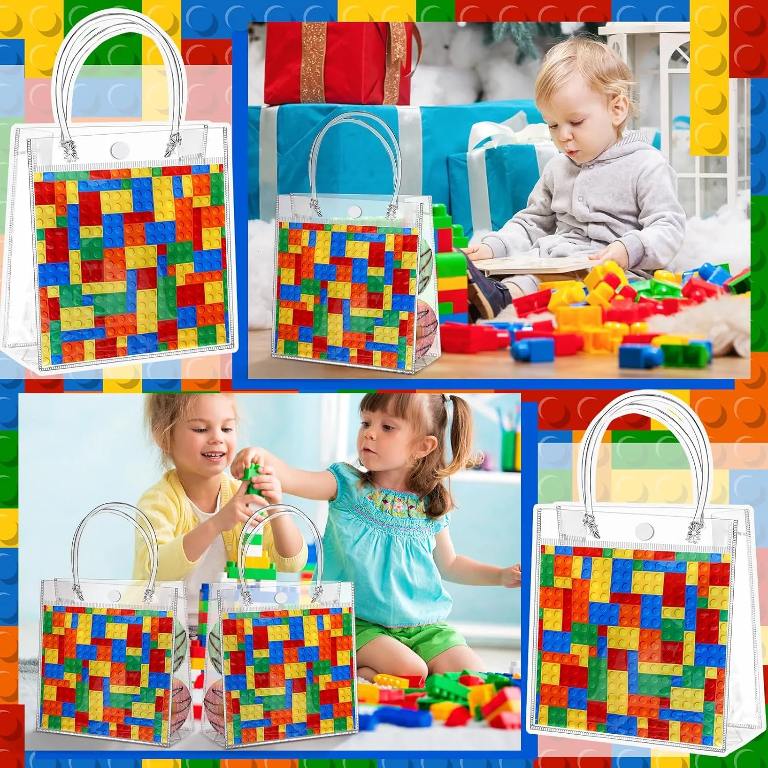24 Pcs Building Blocks Party Favors Bags PVC Clear Goodie Candy Treat Tote Gift Bags with Handles Building Blocks Theme Birthday Baby Shower Party Supplies