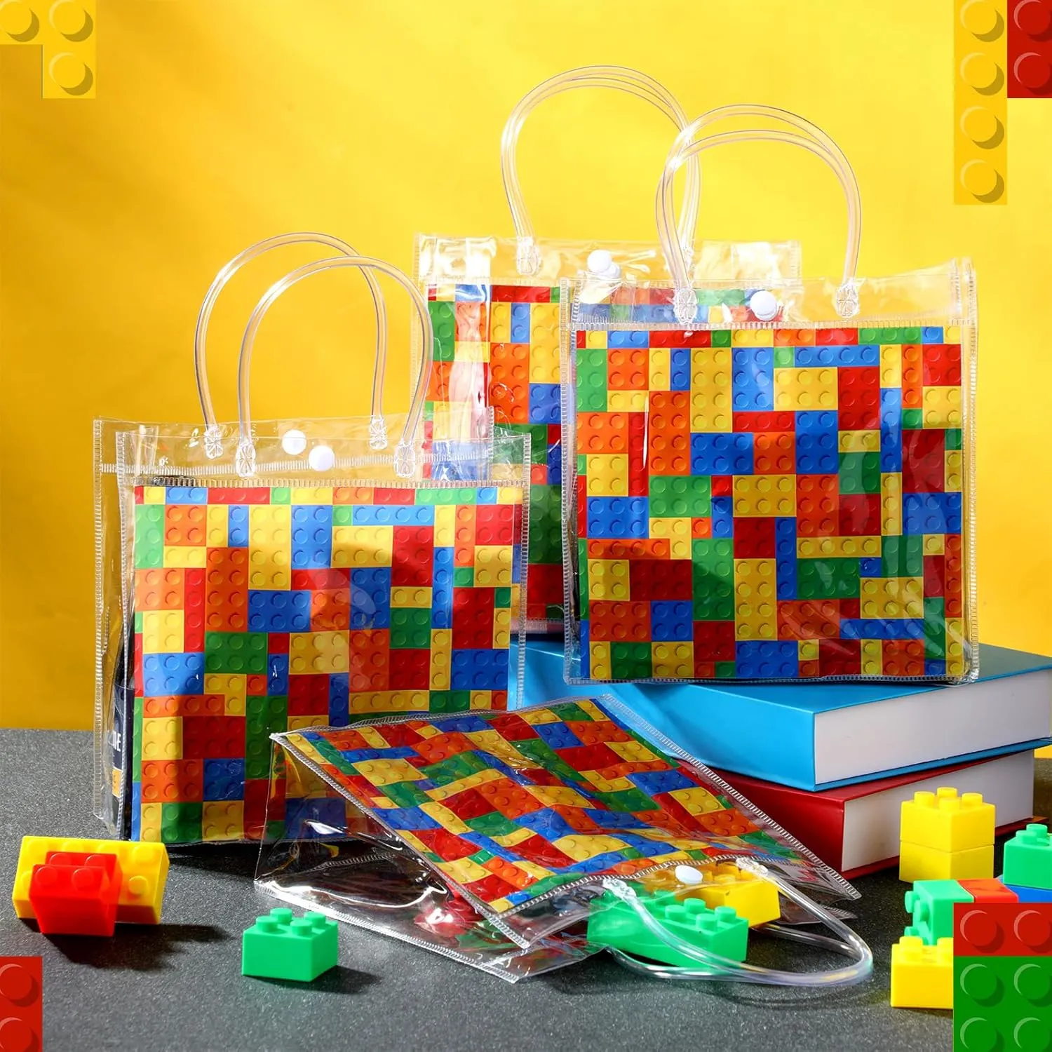 24 Pcs Building Blocks Party Favors Bags PVC Clear Goodie Candy Treat Tote Gift Bags with Handles Building Blocks Theme Birthday Baby Shower Party Supplies