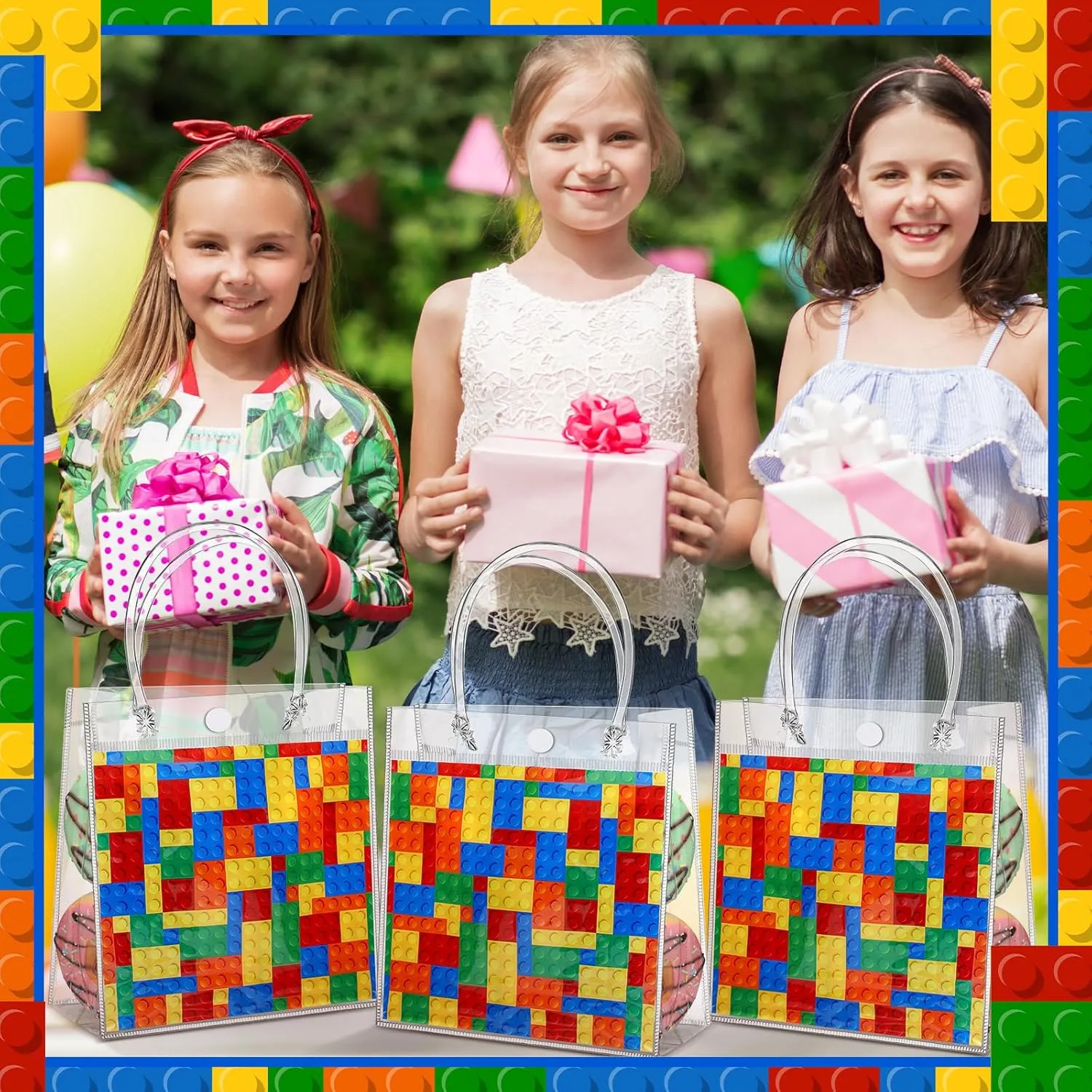 24 Pcs Building Blocks Party Favors Bags PVC Clear Goodie Candy Treat Tote Gift Bags with Handles Building Blocks Theme Birthday Baby Shower Party Supplies