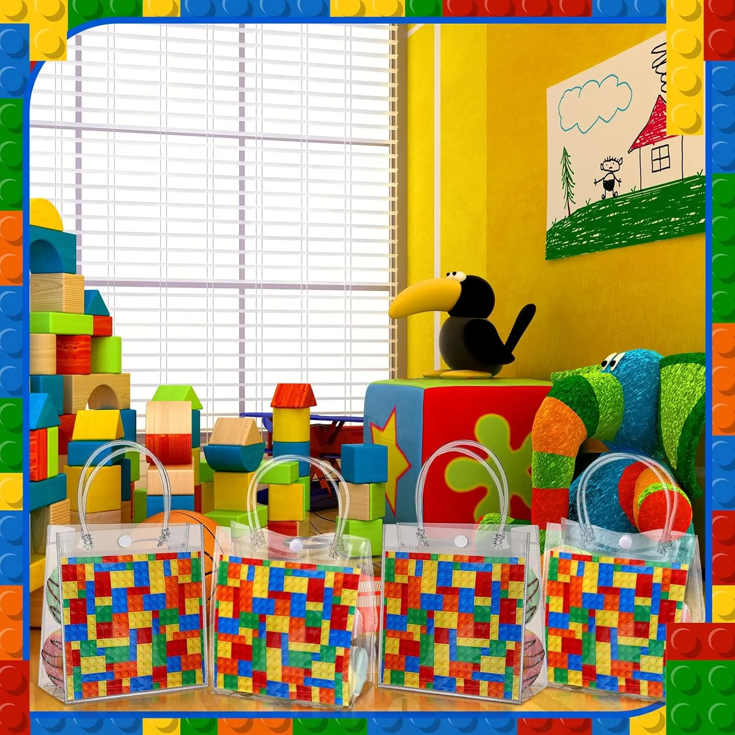 24 Pcs Building Blocks Party Favors Bags PVC Clear Goodie Candy Treat Tote Gift Bags with Handles Building Blocks Theme Birthday Baby Shower Party Supplies