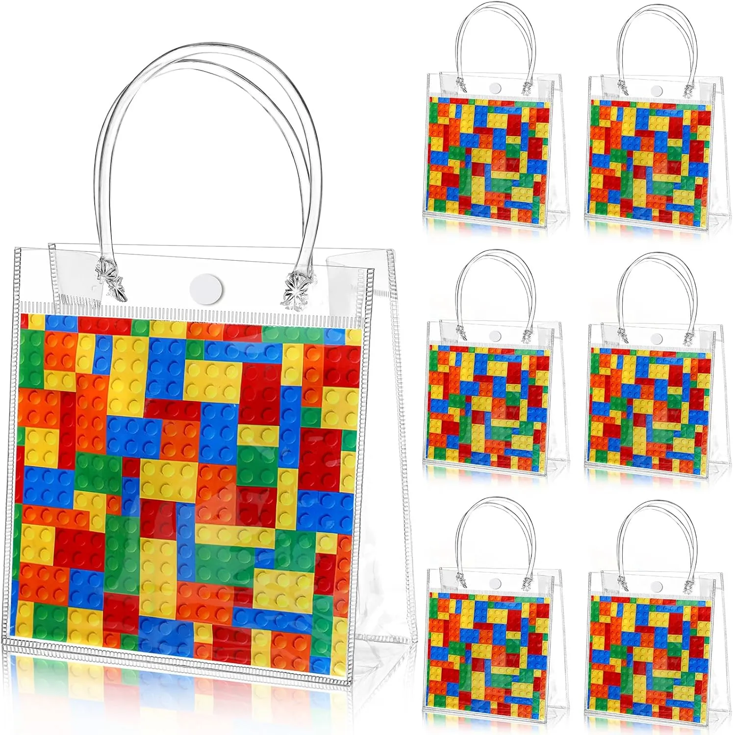 24 Pcs Building Blocks Party Favors Bags PVC Clear Goodie Candy Treat Tote Gift Bags with Handles Building Blocks Theme Birthday Baby Shower Party Supplies