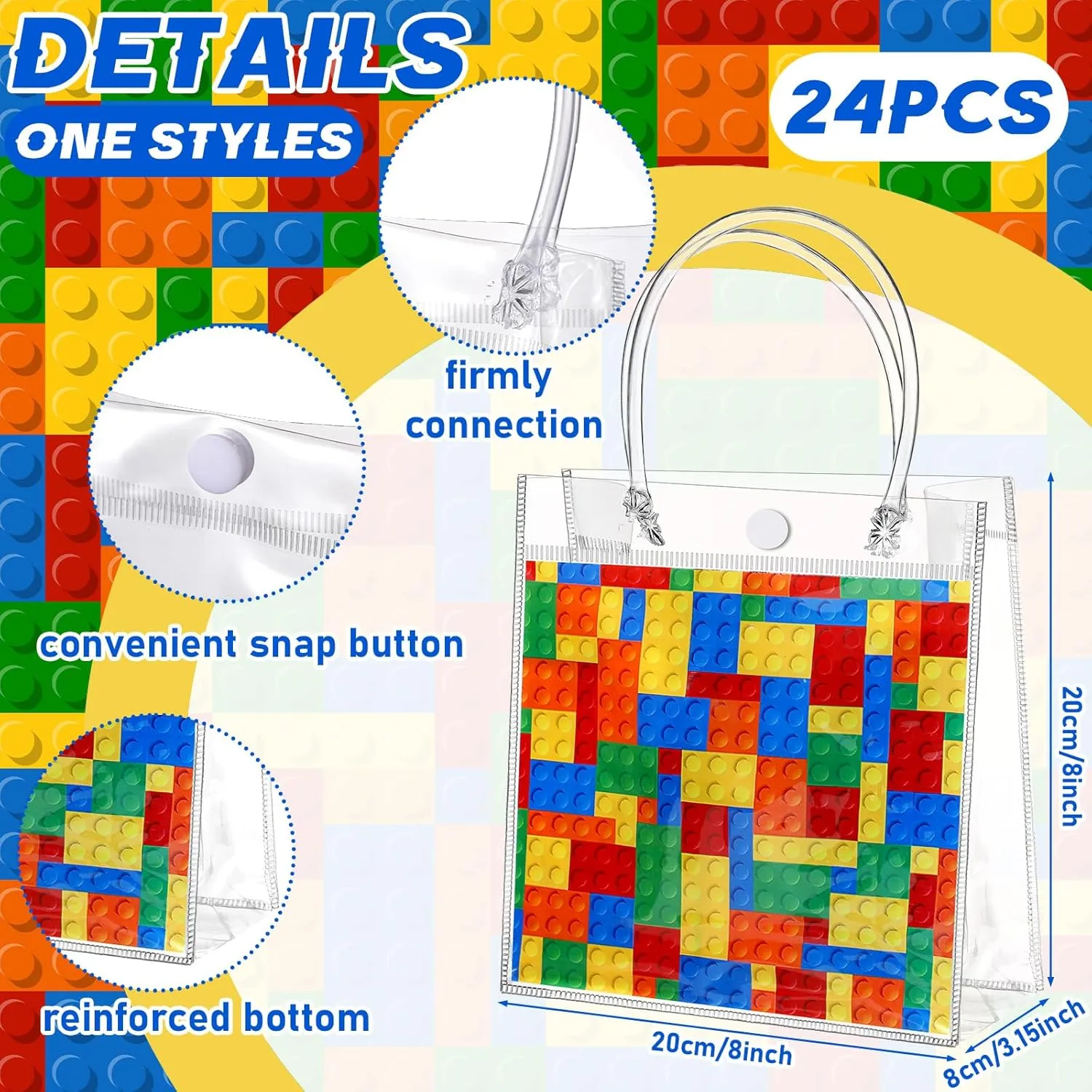 24 Pcs Building Blocks Party Favors Bags PVC Clear Goodie Candy Treat Tote Gift Bags with Handles Building Blocks Theme Birthday Baby Shower Party Supplies