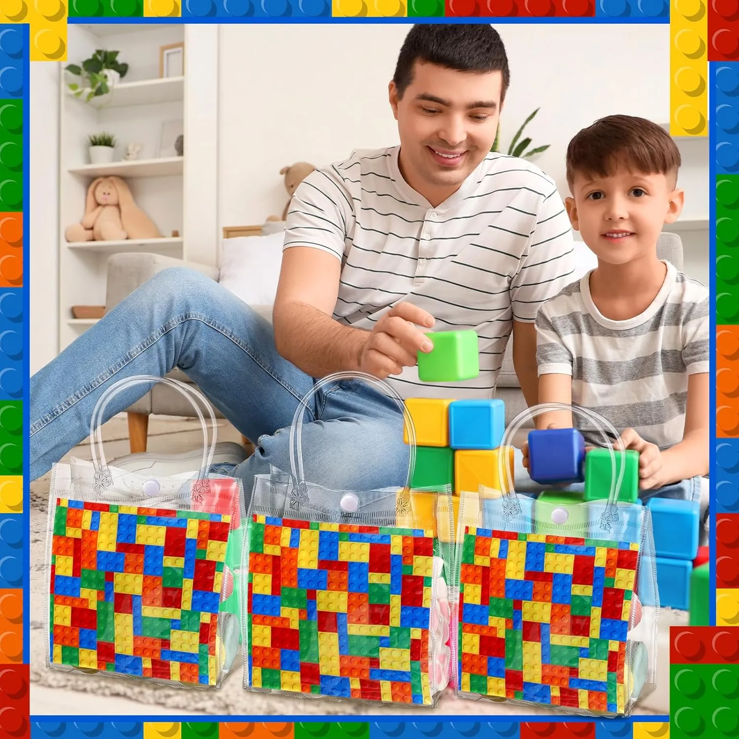 24 Pcs Building Blocks Party Favors Bags PVC Clear Goodie Candy Treat Tote Gift Bags with Handles Building Blocks Theme Birthday Baby Shower Party Supplies