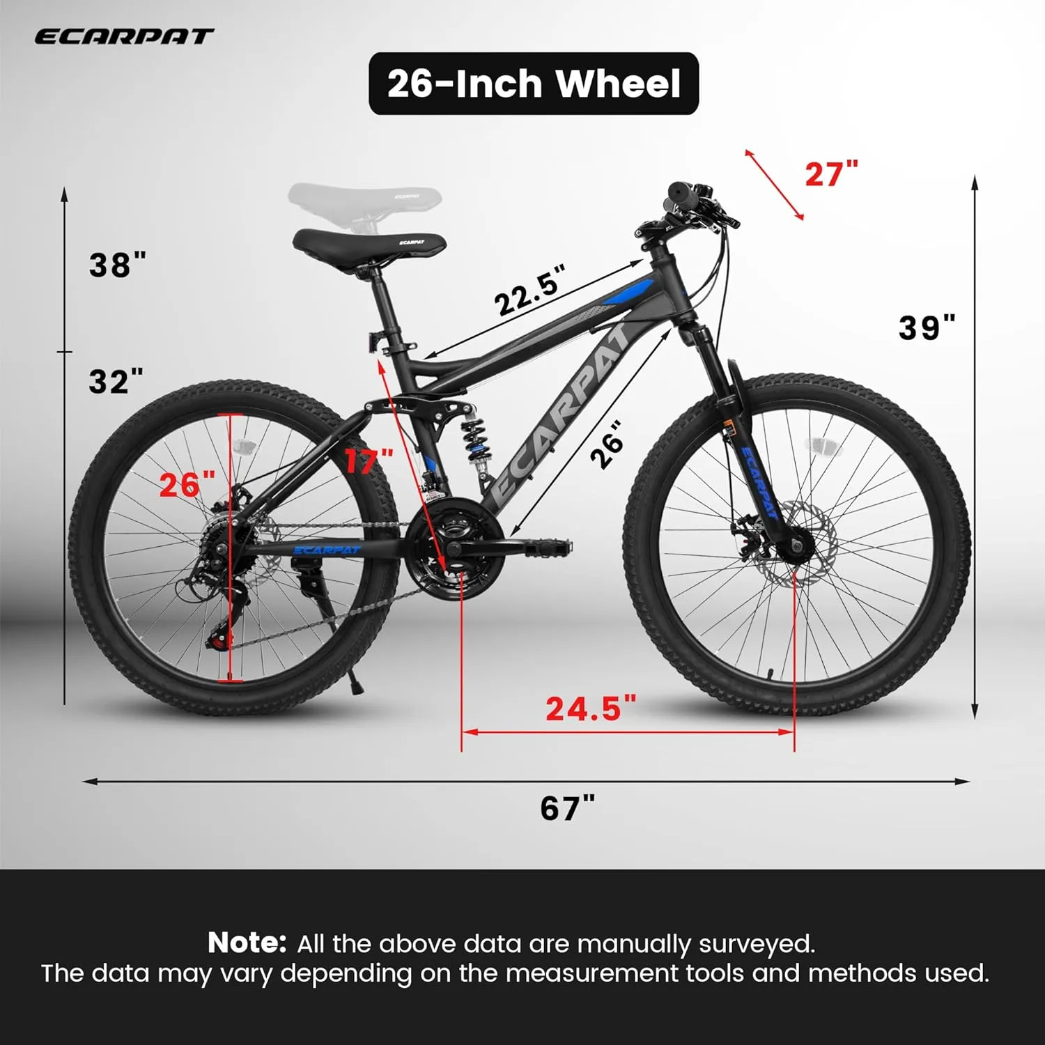 24/26/27.5 Inch, Dual Full Suspension Mountain Bike, 21 Speed Summer Travel, Mens Womens Outdoor Cycling Commuting City Bike to School Work, Birthday Gifts Bicycles