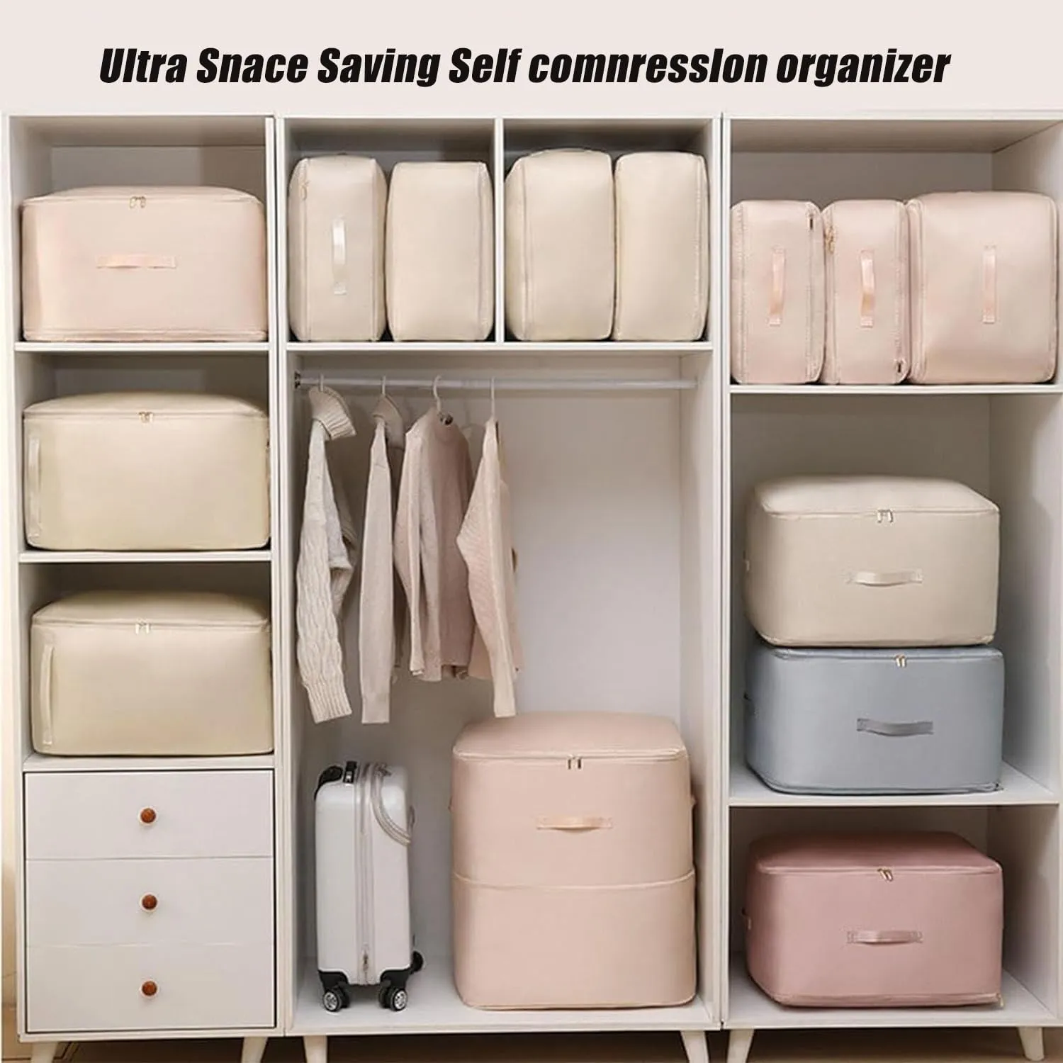 2Pcs Ultra Space Saving Self Compression Organizer, Storage Tote for Space Saving, Portable Heavy Duty Moving Bags, Suitable for Quilts, Blankets, Bedding, Clothes (Oatmeal, XL-20.47*16.53*23.6 in)