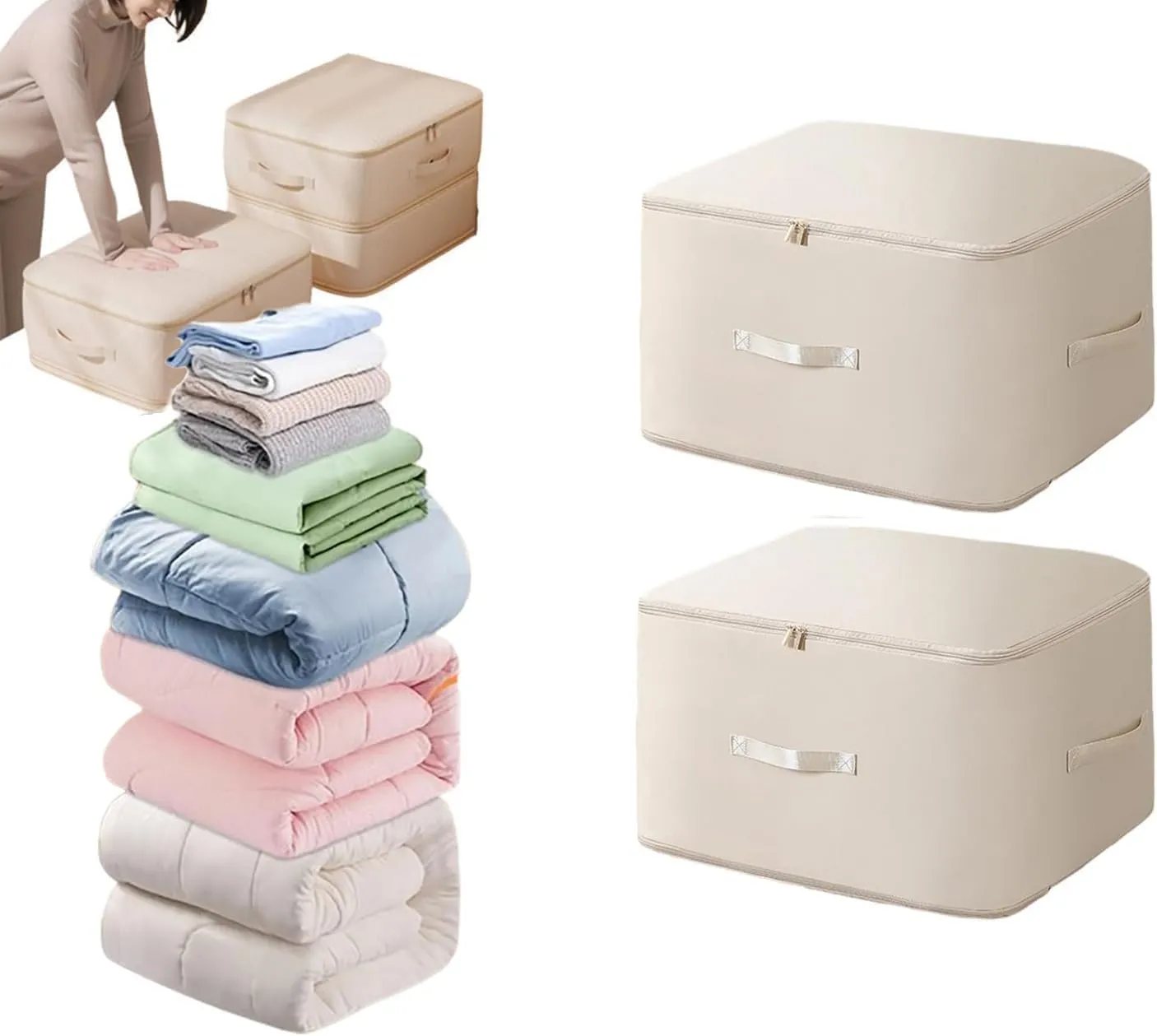 2Pcs Ultra Space Saving Self Compression Organizer, Storage Tote for Space Saving, Portable Heavy Duty Moving Bags, Suitable for Quilts, Blankets, Bedding, Clothes (Oatmeal, XL-20.47*16.53*23.6 in)