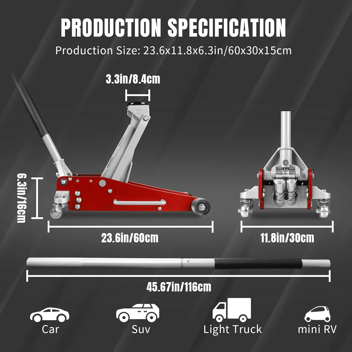 3 Ton Low Profile, Aluminum and Steel Racing Floor Jack with Dual Pistons Quick Lift Pump for Sport Utility Vehicle, Lifting Range 3-15/16" min to 18-5/16" max, Red