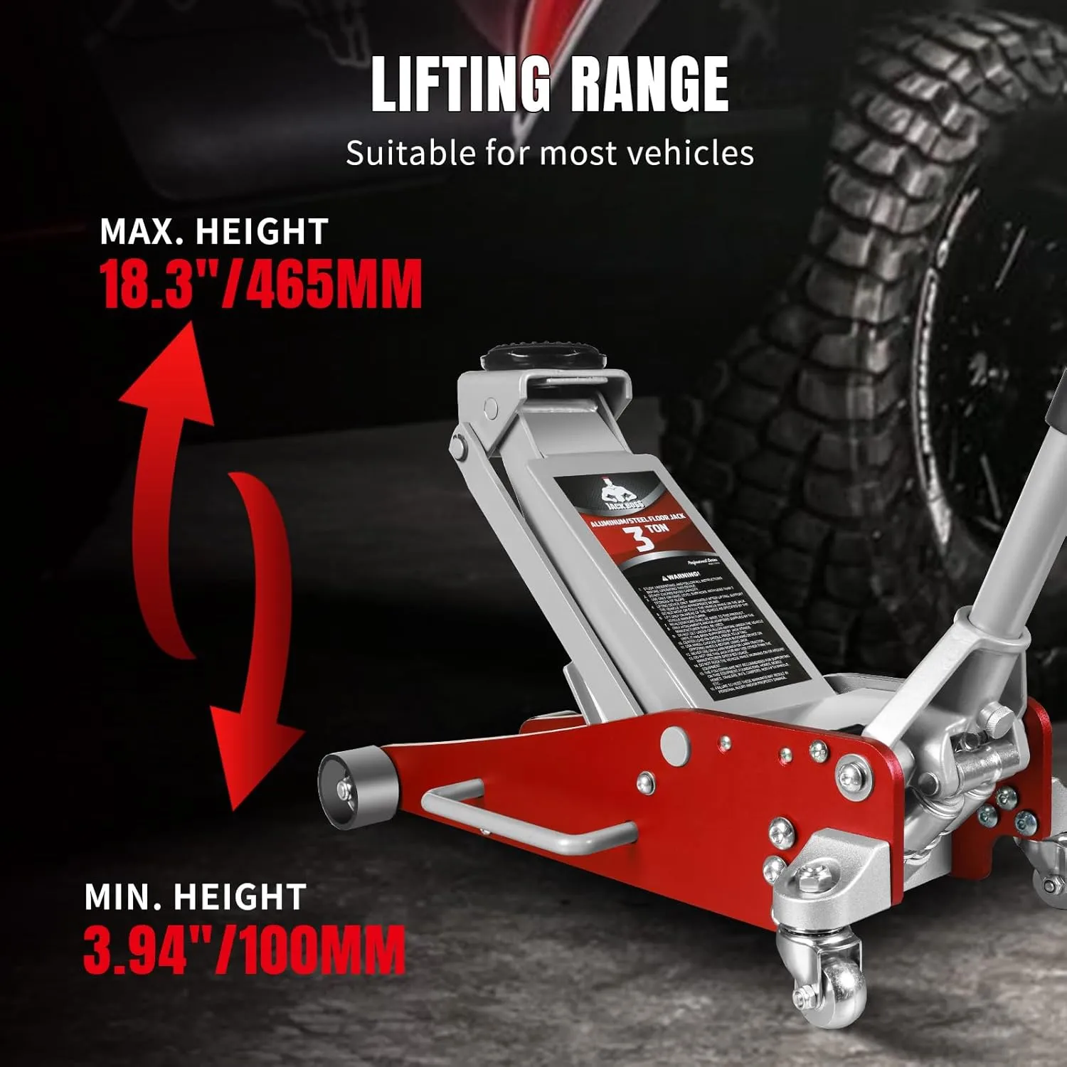 3 Ton Low Profile, Aluminum and Steel Racing Floor Jack with Dual Pistons Quick Lift Pump for Sport Utility Vehicle, Lifting Range 3-15/16" min to 18-5/16" max, Red