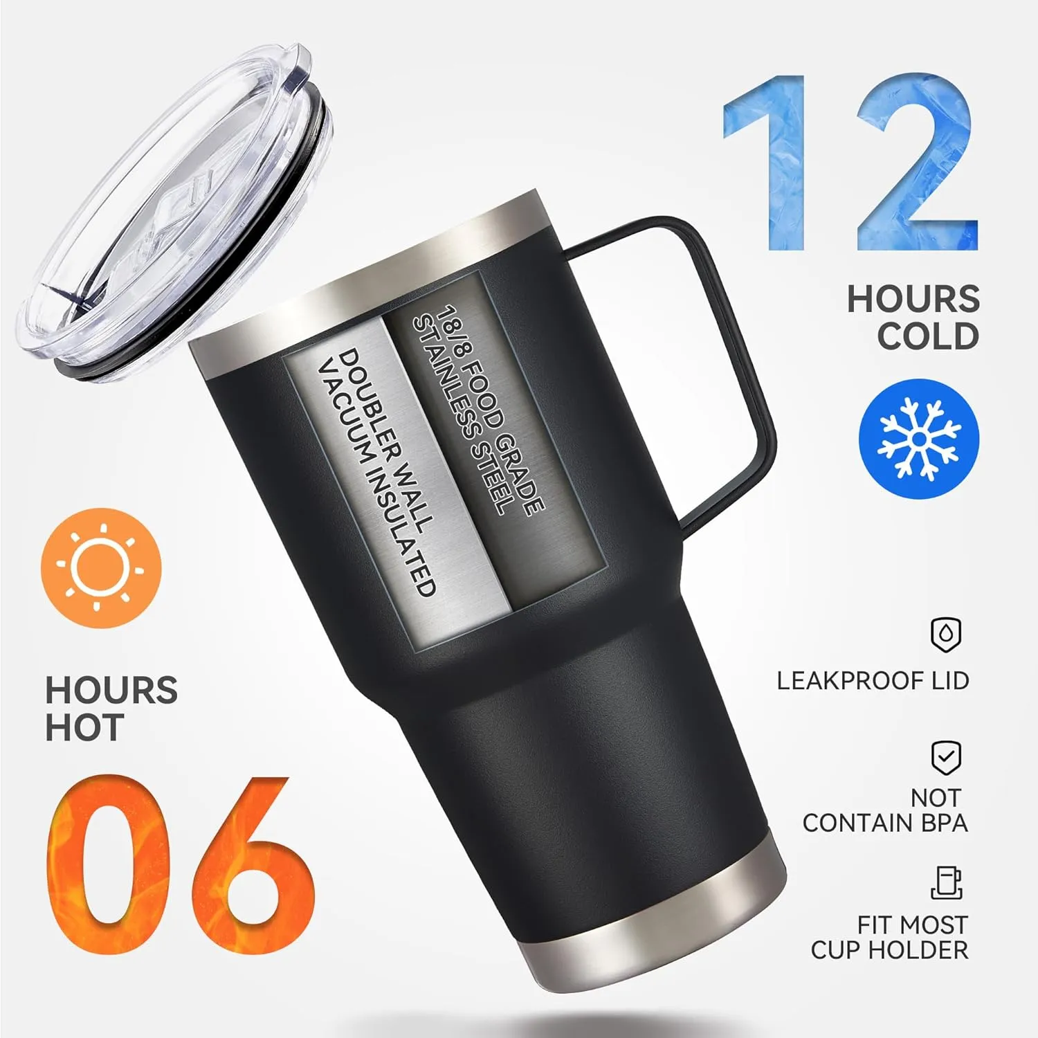30 oz Tumbler with Handle and Lid, Stainless Steel Tumblers Bulk Double Wall Vacuum Insulated Travel Mug Leak Proof Cup Keep Drinks Cold and Hot Black, 8 Pack