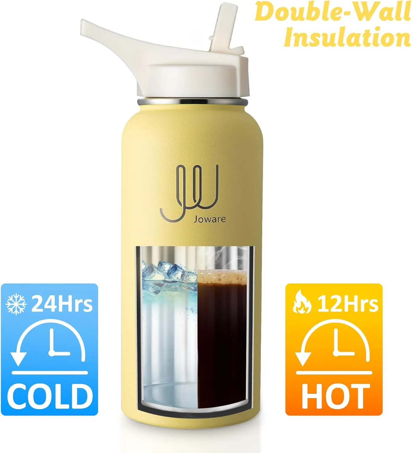 32 oz Insulated Water Bottle with Straw, Stainless Steel Sports Water Flask with 3 Lids, Leak Proof Travel Thermal Cup, Butter Up