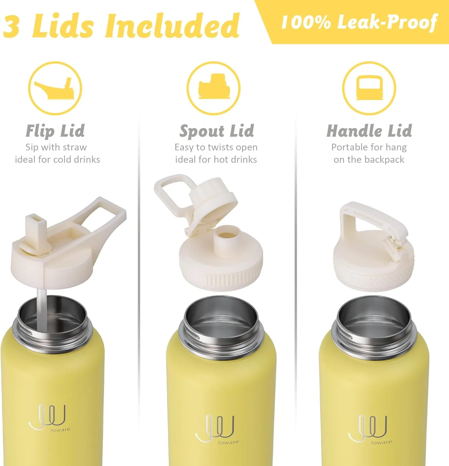 32 oz Insulated Water Bottle with Straw, Stainless Steel Sports Water Flask with 3 Lids, Leak Proof Travel Thermal Cup, Butter Up