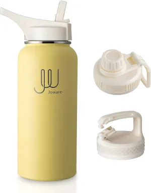 32 oz Insulated Water Bottle with Straw, Stainless Steel Sports Water Flask with 3 Lids, Leak Proof Travel Thermal Cup, Butter Up