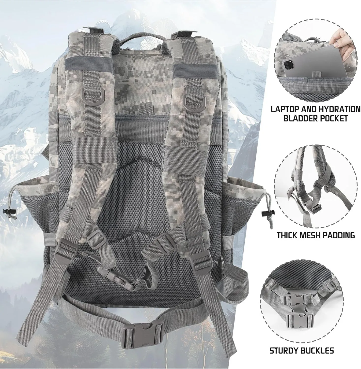 45L Military Tactical Backpack 3 Day Molle Assault Pack Large Army Bug Out Bag Rucksack Daypack for Men Outdoor Hiking Army Camping Hunting (Grey Camo)