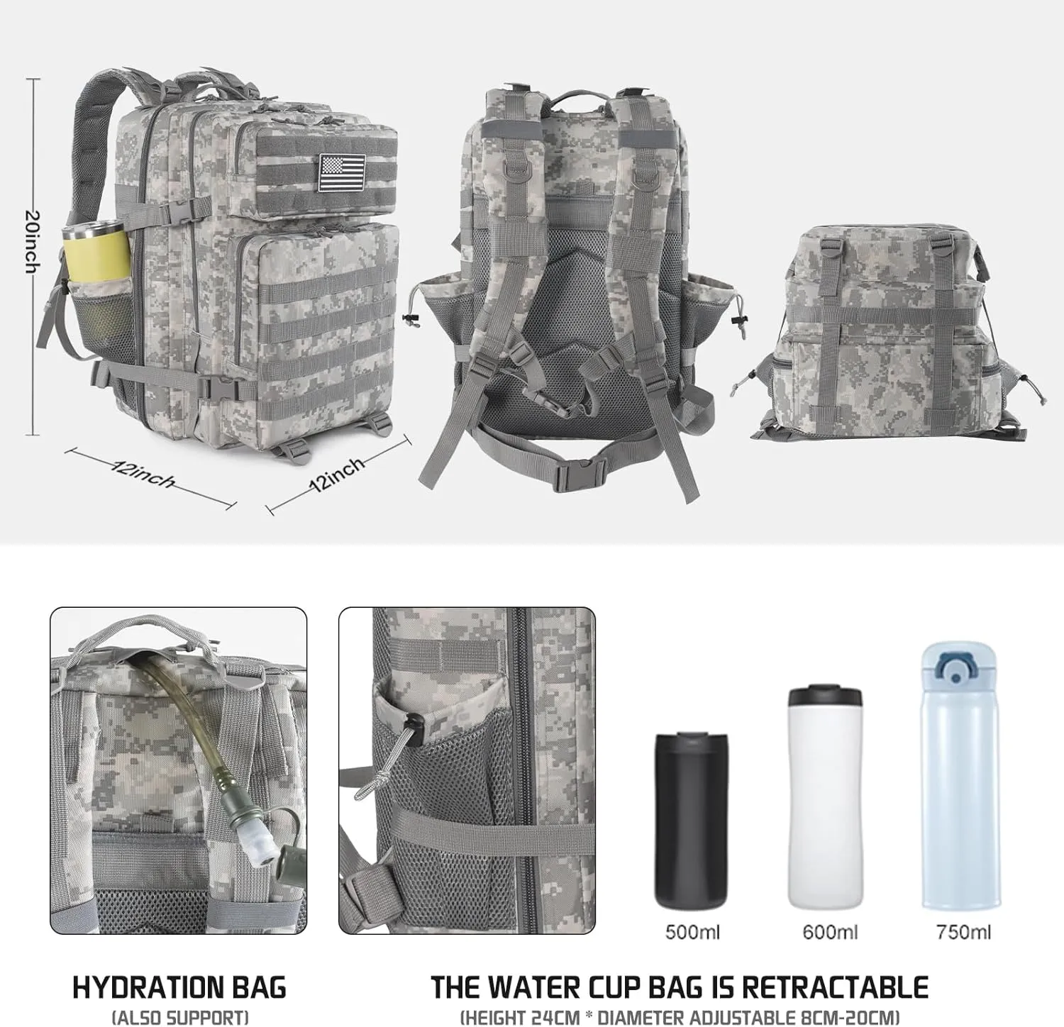 45L Military Tactical Backpack 3 Day Molle Assault Pack Large Army Bug Out Bag Rucksack Daypack for Men Outdoor Hiking Army Camping Hunting (Grey Camo)