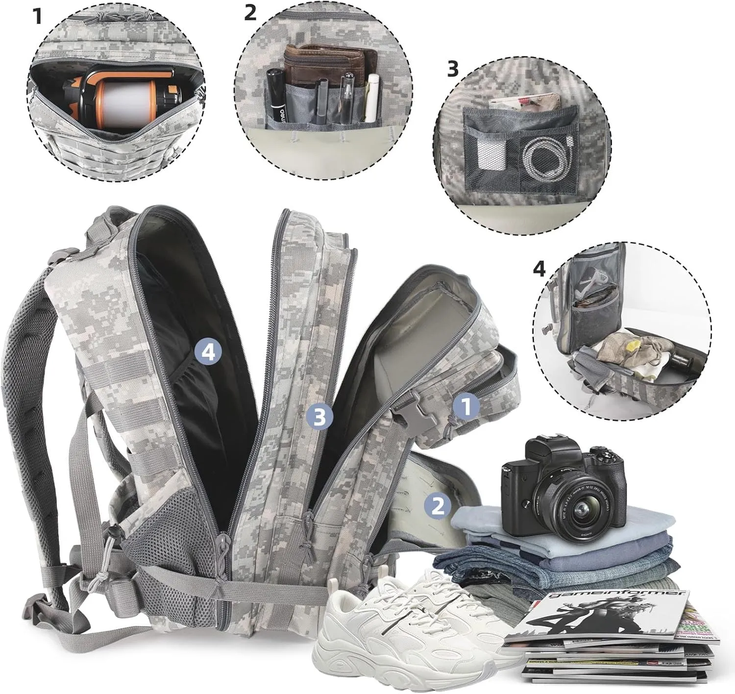 45L Military Tactical Backpack 3 Day Molle Assault Pack Large Army Bug Out Bag Rucksack Daypack for Men Outdoor Hiking Army Camping Hunting (Grey Camo)