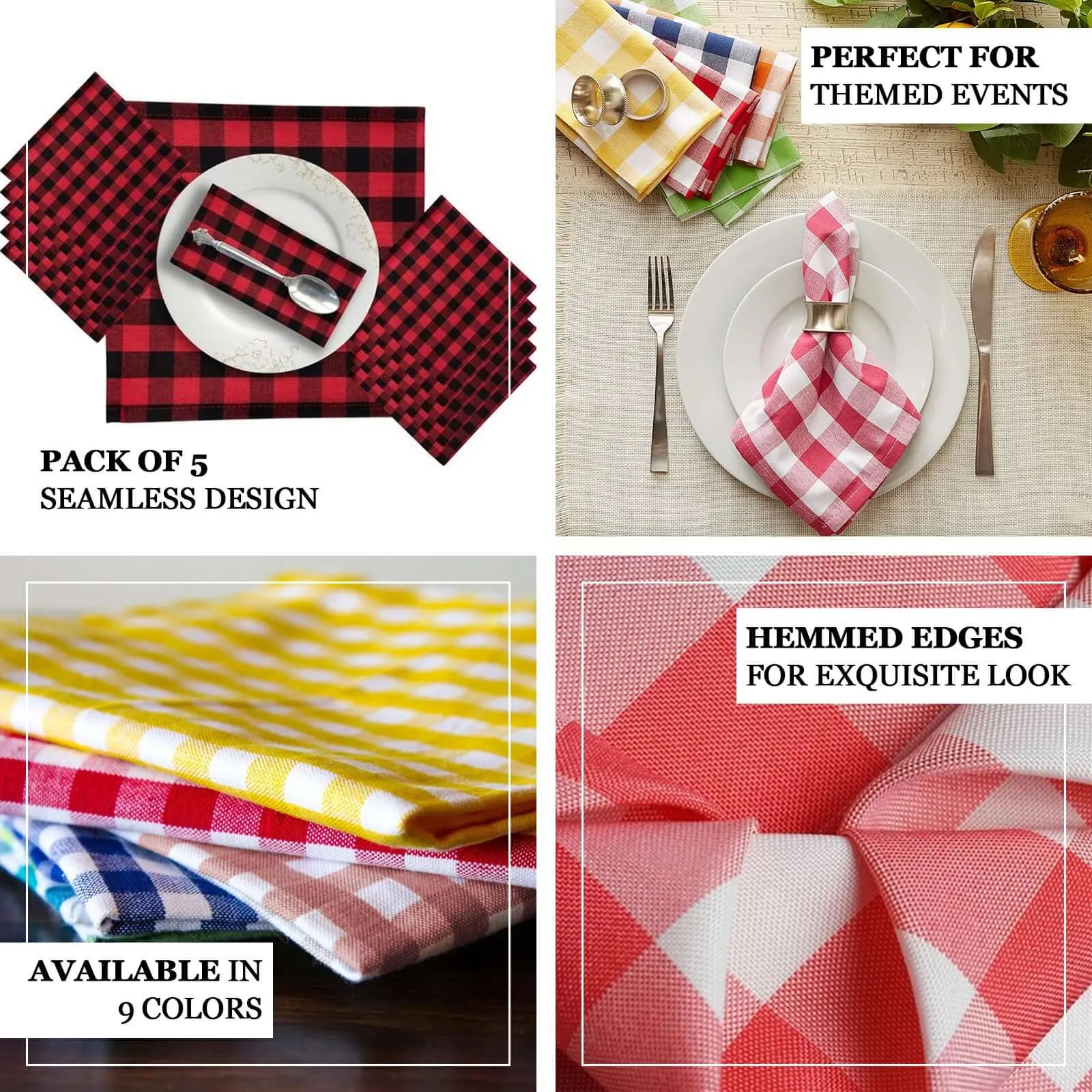 5 Pack Polyester 15"x15" Napkins Sage Green/White Buffalo Plaid Gingham Style Cloth Napkins