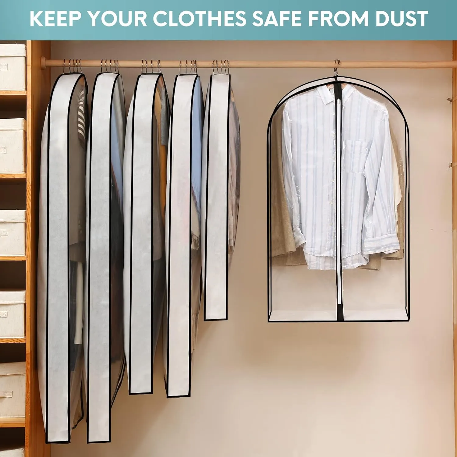 50" Clear Garment Bags for Hanging Clothes W/ 4" Gussetes, 4 Packs Suit Bags for Closet Storage, Plastic Waterproof Suit Cover Bags with Zipper for Coats, Jackets, Dresses
