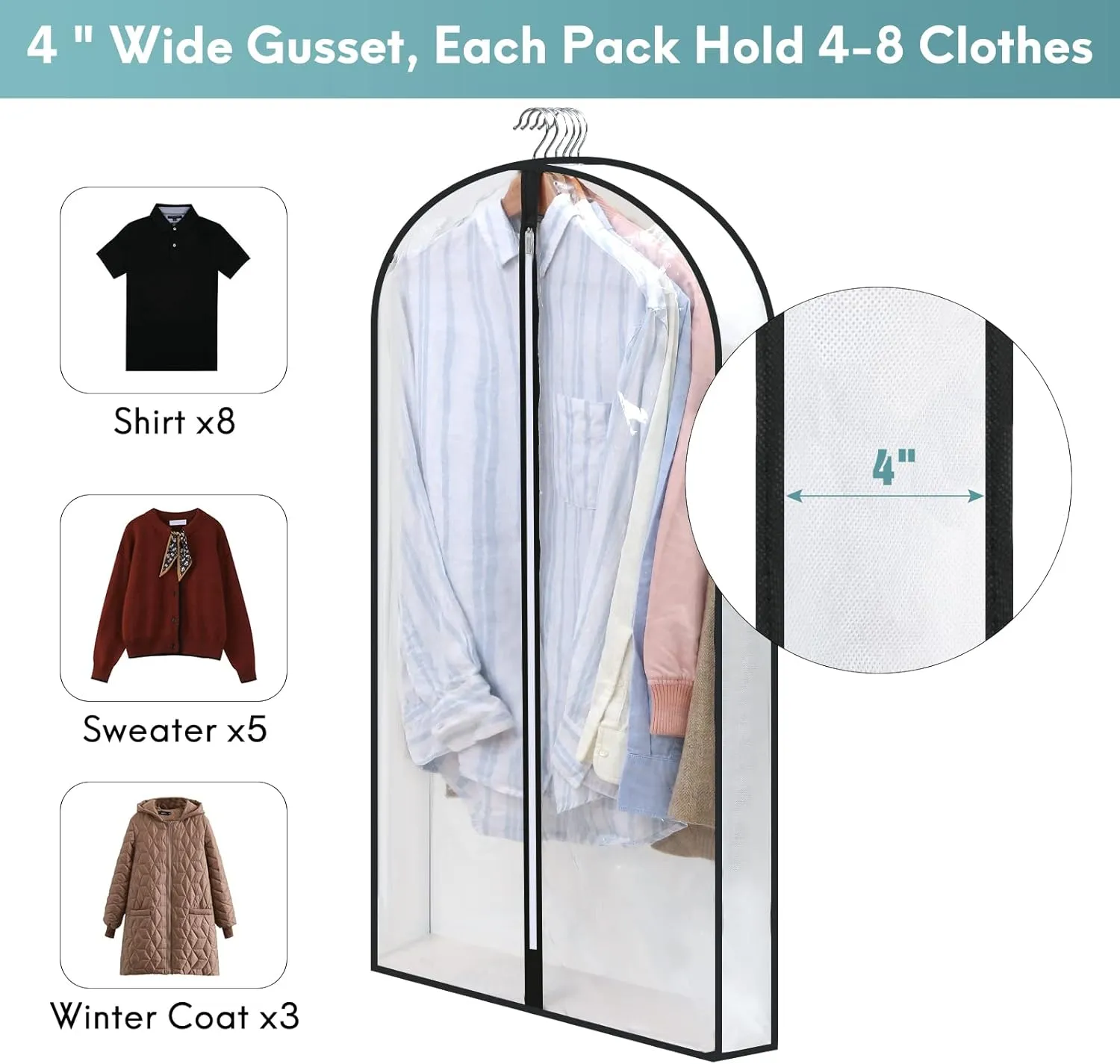 50" Clear Garment Bags for Hanging Clothes W/ 4" Gussetes, 4 Packs Suit Bags for Closet Storage, Plastic Waterproof Suit Cover Bags with Zipper for Coats, Jackets, Dresses