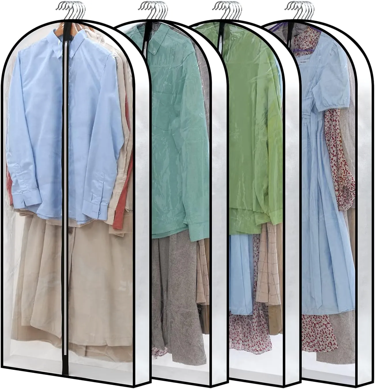 50" Clear Garment Bags for Hanging Clothes W/ 4" Gussetes, 4 Packs Suit Bags for Closet Storage, Plastic Waterproof Suit Cover Bags with Zipper for Coats, Jackets, Dresses