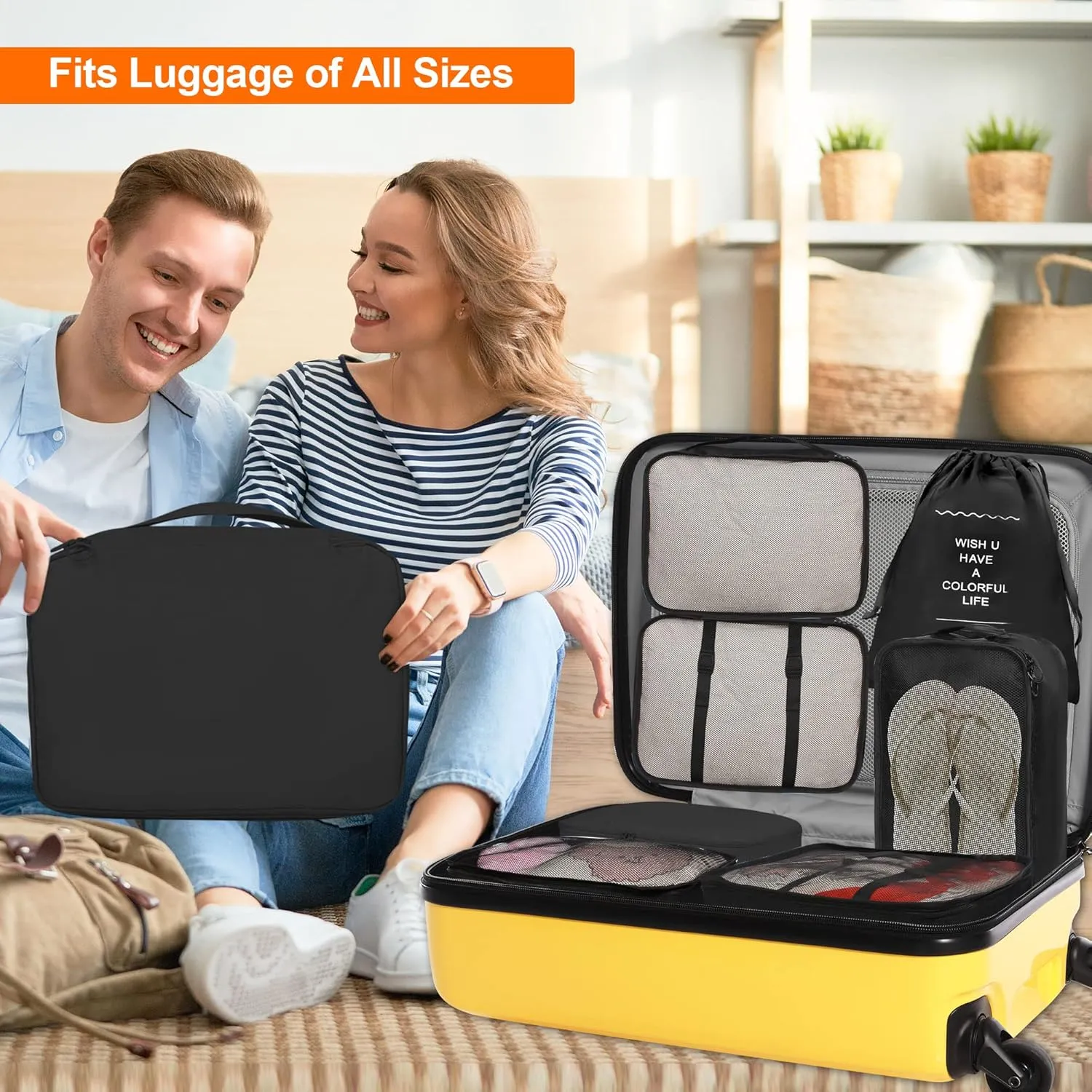 8 Set Packing Cubes for Suitcases, kingdalux Black Travel Luggage Packing Organizers with Laundry Bag, Compression Storage Shoe Bag, Clothing Underwear Bag, for Women & Man