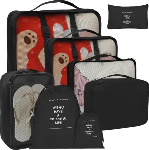 8 Set Packing Cubes for Suitcases, kingdalux Black Travel Luggage Packing Organizers with Laundry Bag, Compression Storage Shoe Bag, Clothing Underwear Bag, for Women & Man
