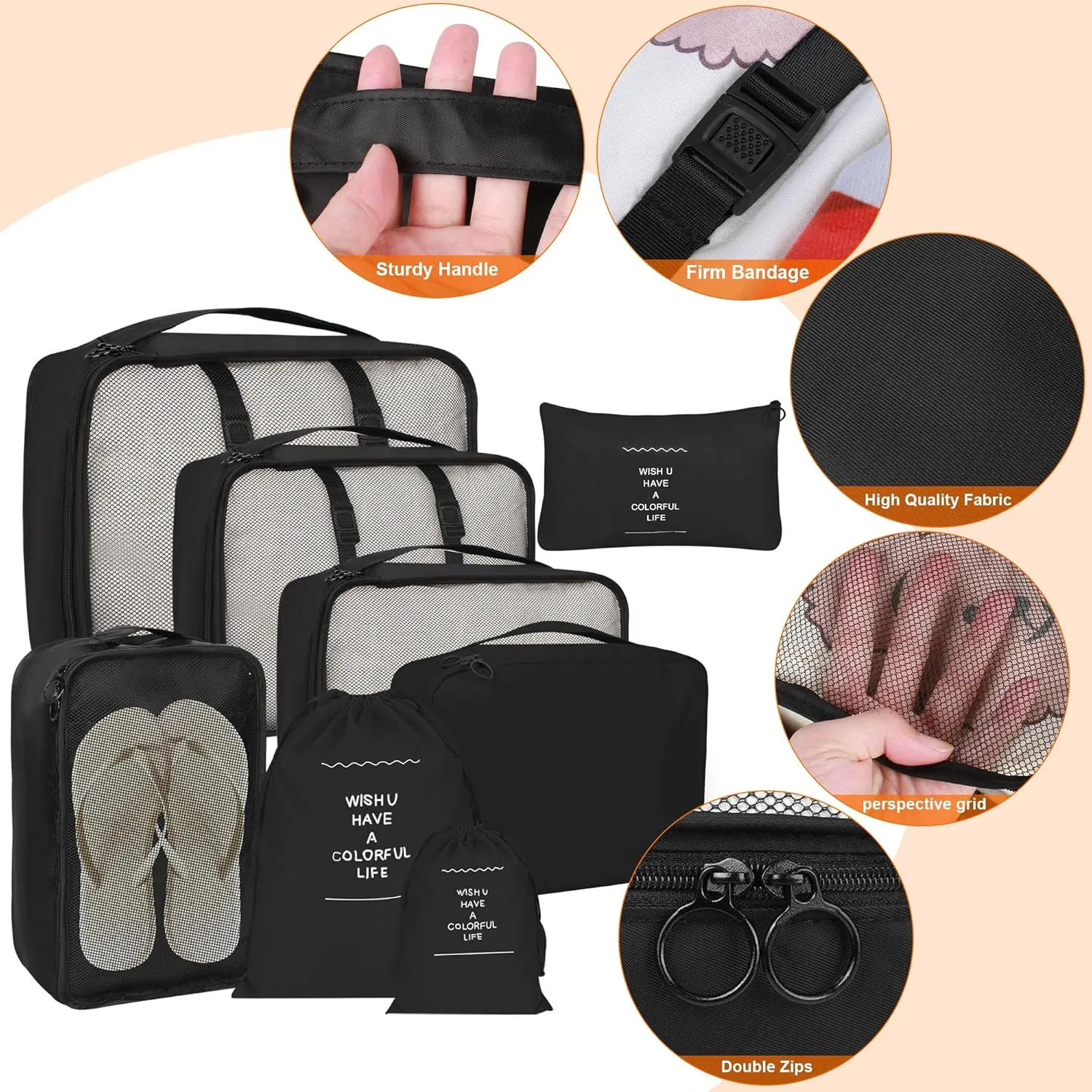 8 Set Packing Cubes for Suitcases, kingdalux Black Travel Luggage Packing Organizers with Laundry Bag, Compression Storage Shoe Bag, Clothing Underwear Bag, for Women & Man