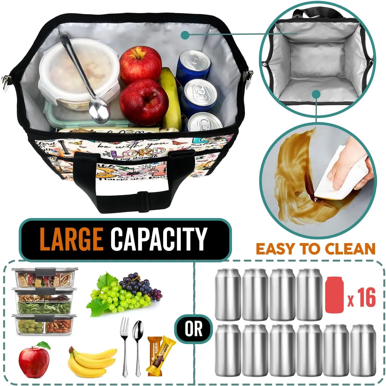84hoods Insulated Lunch Bag for Women. Large Lunch Box for Work Office Travel Picnic with Adjustable Strap. God Jesus Christian Faith Religious Gift. All Things are Possible.