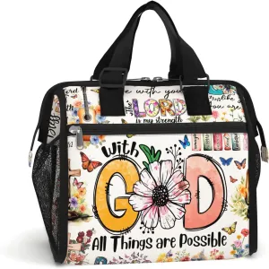 84hoods Insulated Lunch Bag for Women. Large Lunch Box for Work Office Travel Picnic with Adjustable Strap. God Jesus Christian Faith Religious Gift. All Things are Possible.