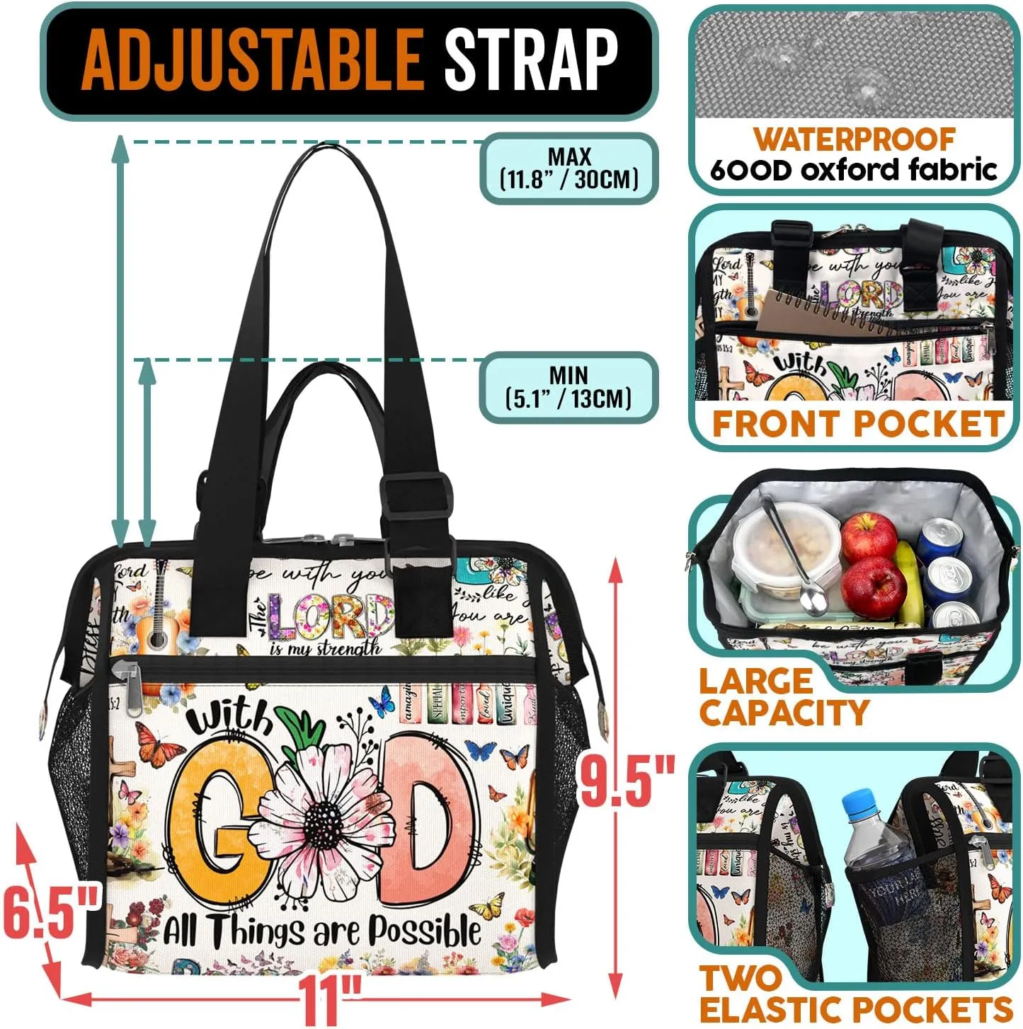 84hoods Insulated Lunch Bag for Women. Large Lunch Box for Work Office Travel Picnic with Adjustable Strap. God Jesus Christian Faith Religious Gift. All Things are Possible.