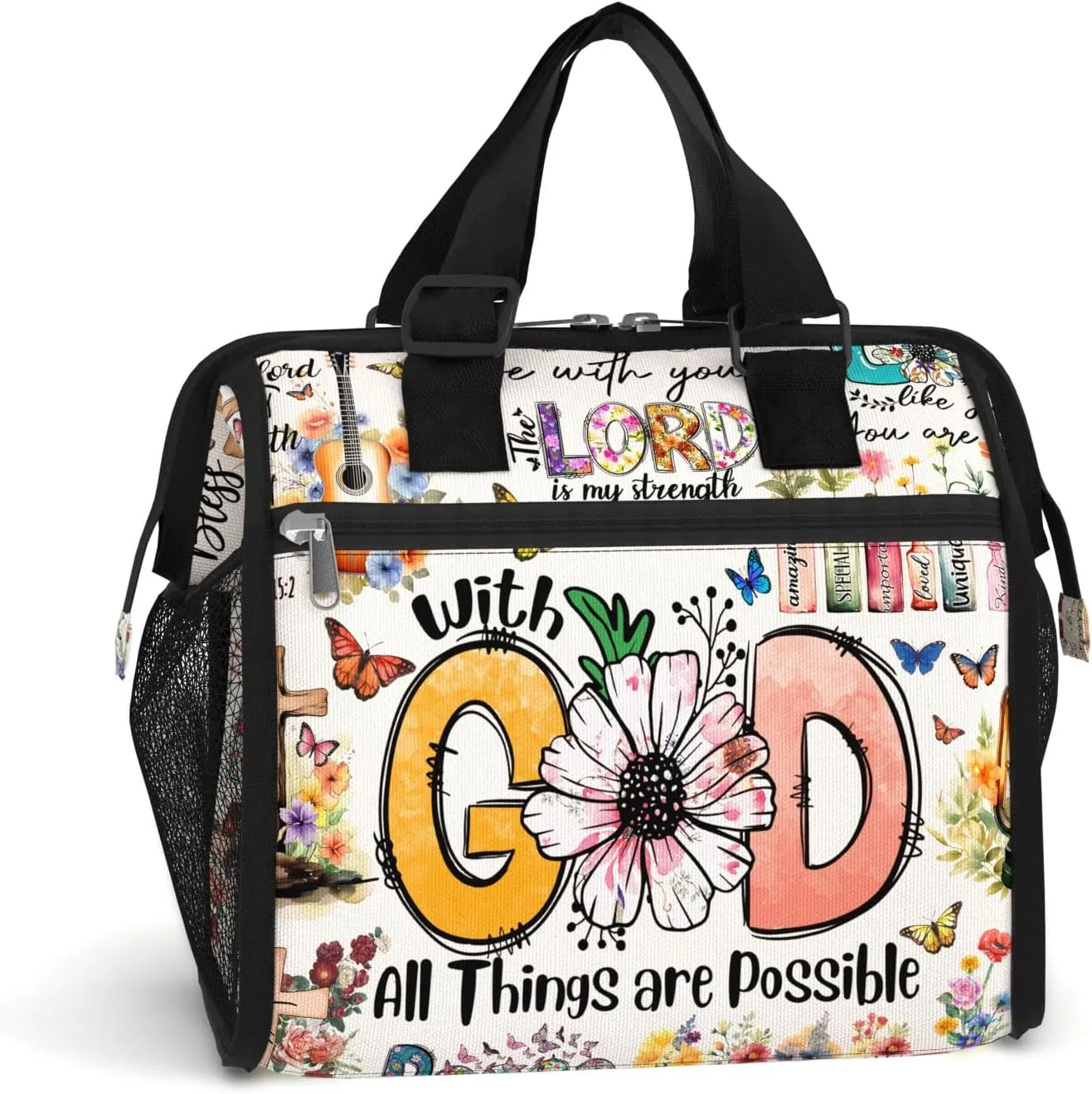 84hoods Insulated Lunch Bag for Women. Large Lunch Box for Work Office Travel Picnic with Adjustable Strap. God Jesus Christian Faith Religious Gift. All Things are Possible.