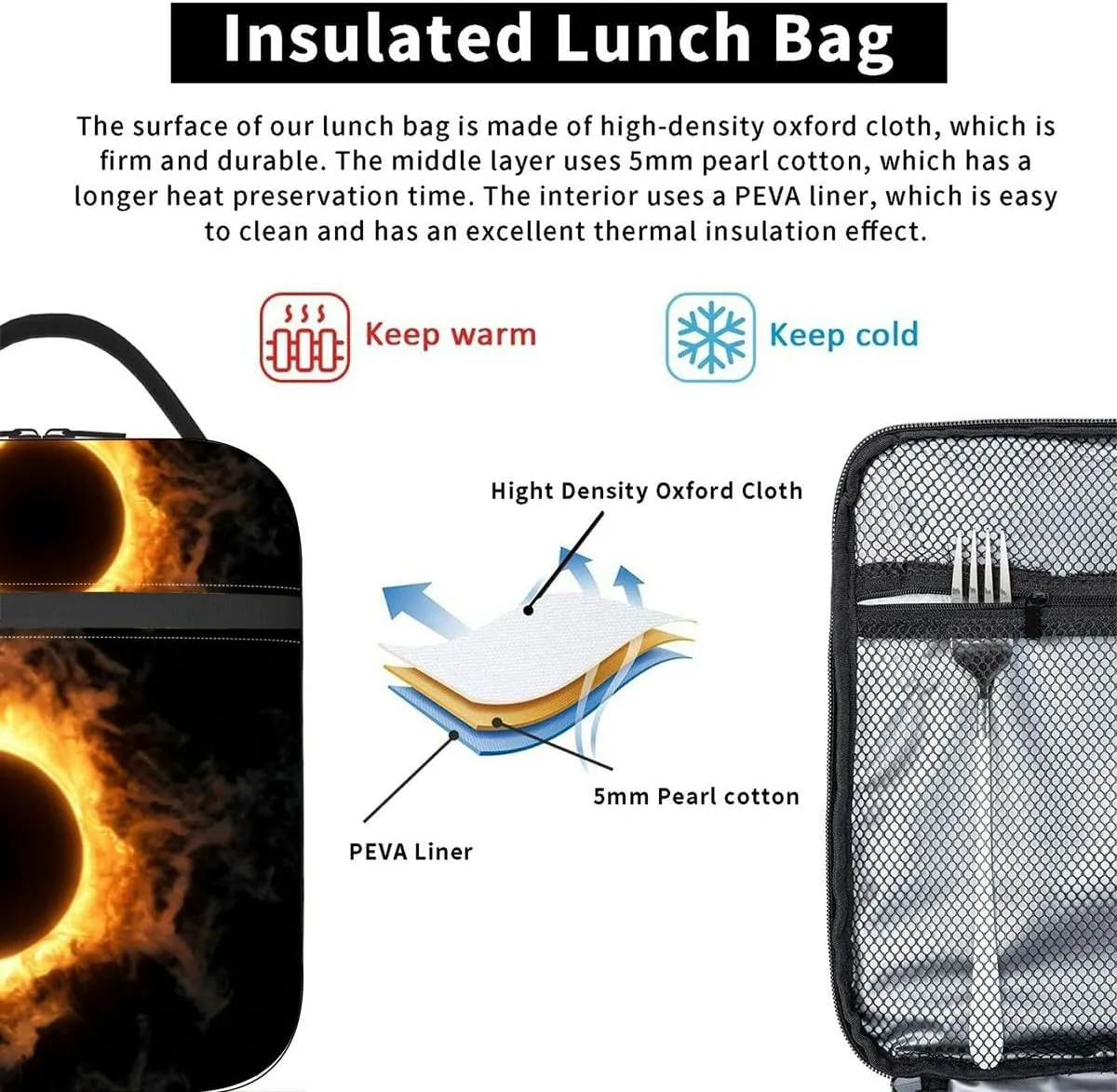 A blazing ring fire Fiery flames and sparks emitting from a circle Insulated Iunch Bag for Men Woman Large Portable Waterproof Reusable Thermal Lunch Box with Pockets for Work Travel Picnic