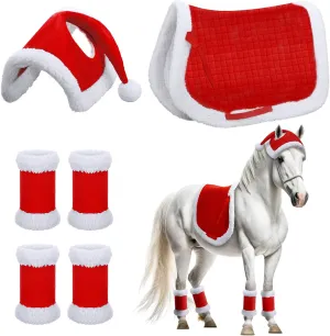 Abbylike 6 Pcs Christmas Holiday Santa Leg Wraps with Faux Fur Trim Holiday Santa Horse Hat All Purpose Santa Saddle Pad for Christmas Horse Costume Accessories