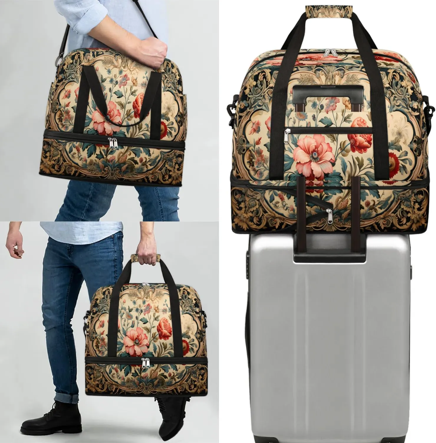 Abstract Boho Retro Printing Travel Duffle Bag, Collapsible Travel Bag Sports Gym Bag With Shoes Compartment Weekender Bag Overnight Bag For Women Men