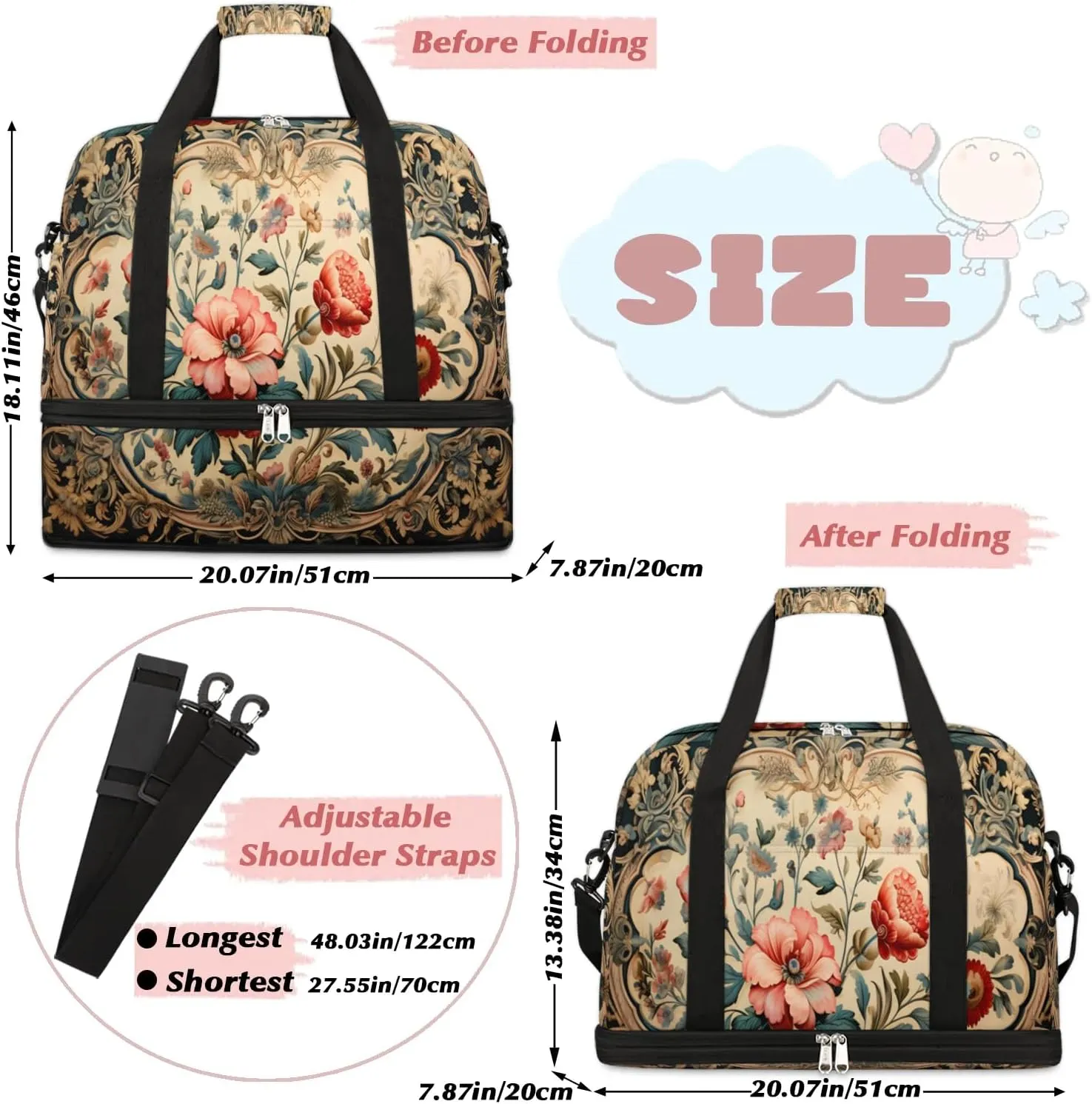 Abstract Boho Retro Printing Travel Duffle Bag, Collapsible Travel Bag Sports Gym Bag With Shoes Compartment Weekender Bag Overnight Bag For Women Men