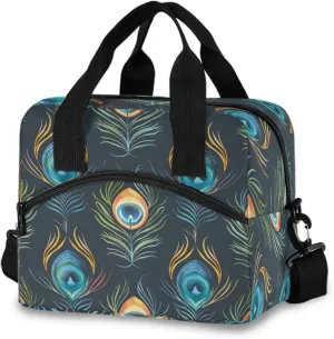 Abstract Peacock Feather Pattern Lunch Box for Men Women Adults Insulated Lunch Bag Cooler Bag with Adjustable Shoulder Strap for Work Picnic Travel