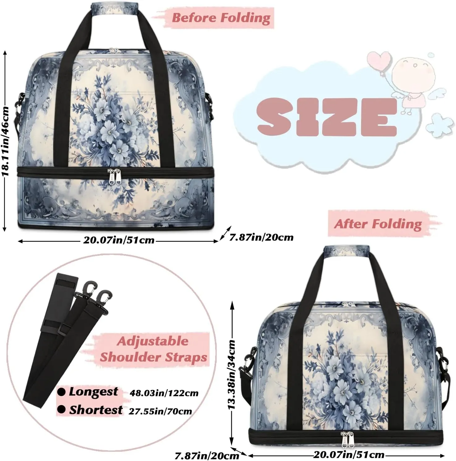 Abstract Retro Flora Pattern Travel Duffle Bag, Collapsible Travel Bag Sports Gym Bag With Shoes Compartment Weekender Bag Overnight Bag For Women Men