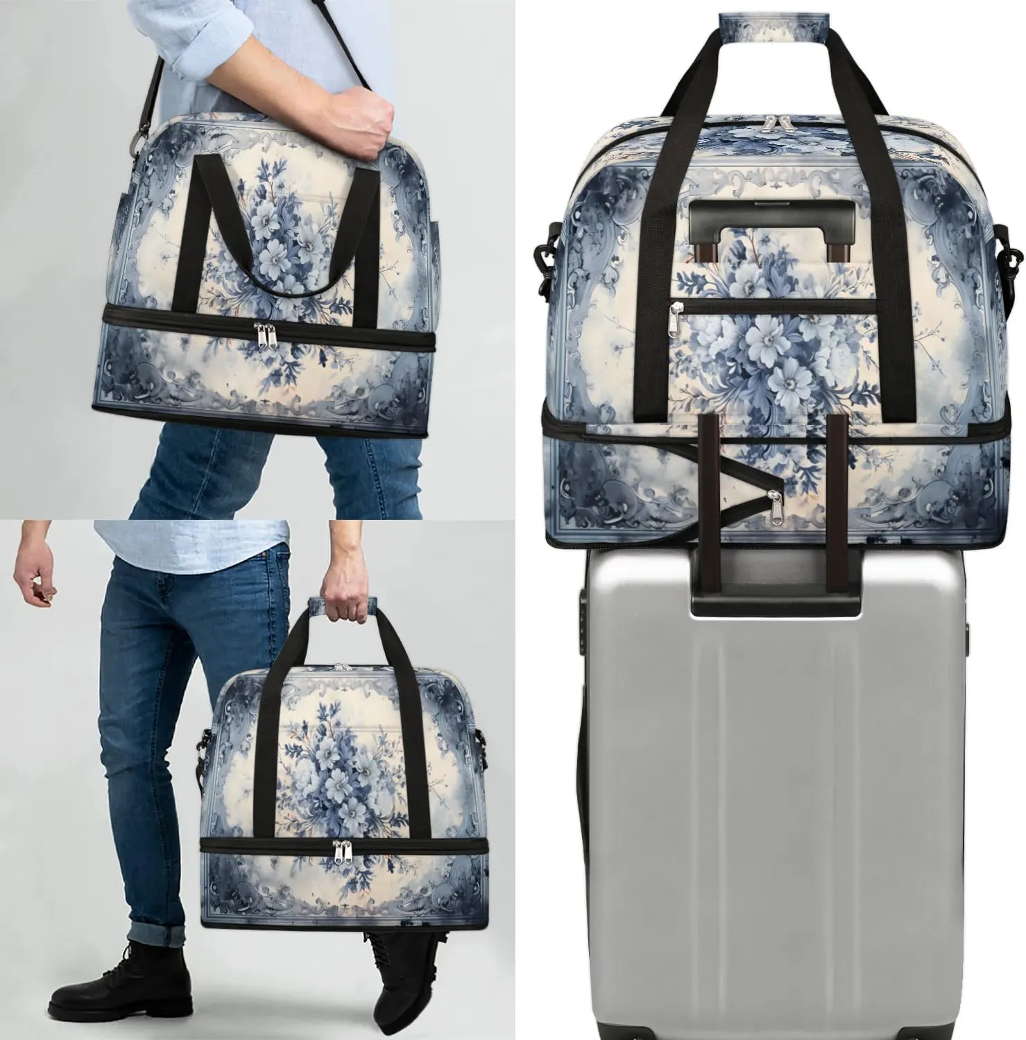 Abstract Retro Flora Pattern Travel Duffle Bag, Collapsible Travel Bag Sports Gym Bag With Shoes Compartment Weekender Bag Overnight Bag For Women Men