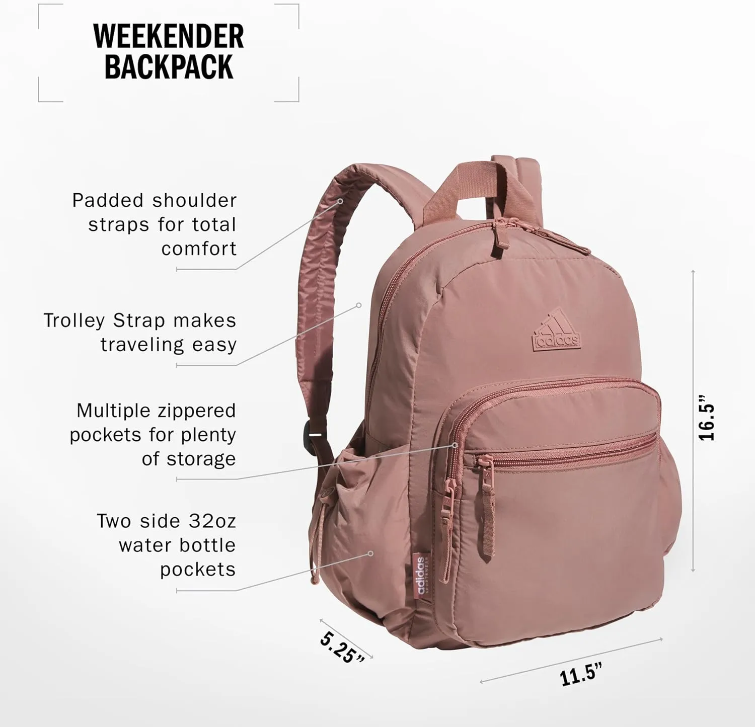 adidas Weekender Backpack (19L) Small Fashion Lightweight Durable Travel Bag, Warm Clay Pink, One Size