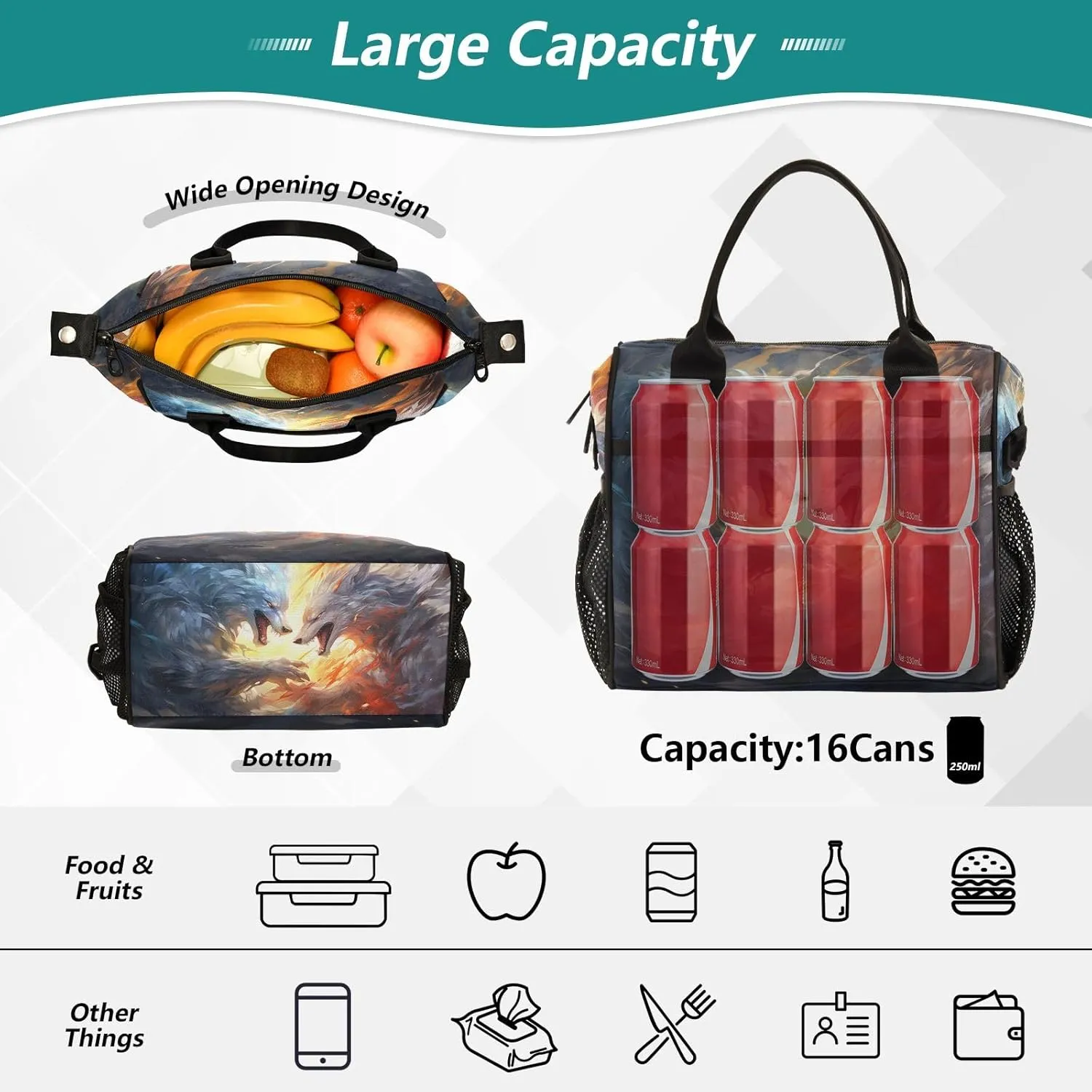 Adult Lunch Box Insulated Lunch Bag Two Wolves Battle in The Sky Large Cooler Tote Bag for Work Picnic or Travel with Adjustable Shoulder Strap