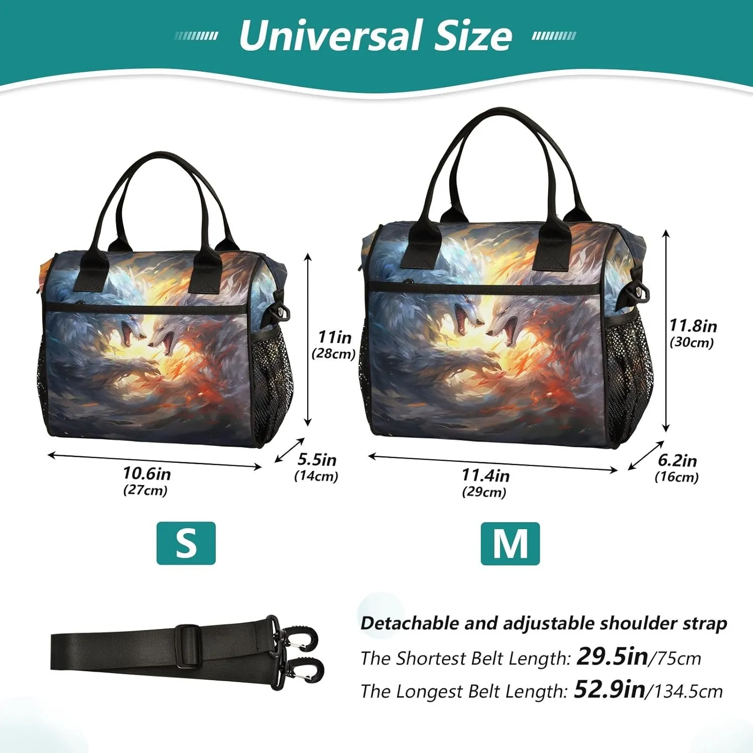 Adult Lunch Box Insulated Lunch Bag Two Wolves Battle in The Sky Large Cooler Tote Bag for Work Picnic or Travel with Adjustable Shoulder Strap