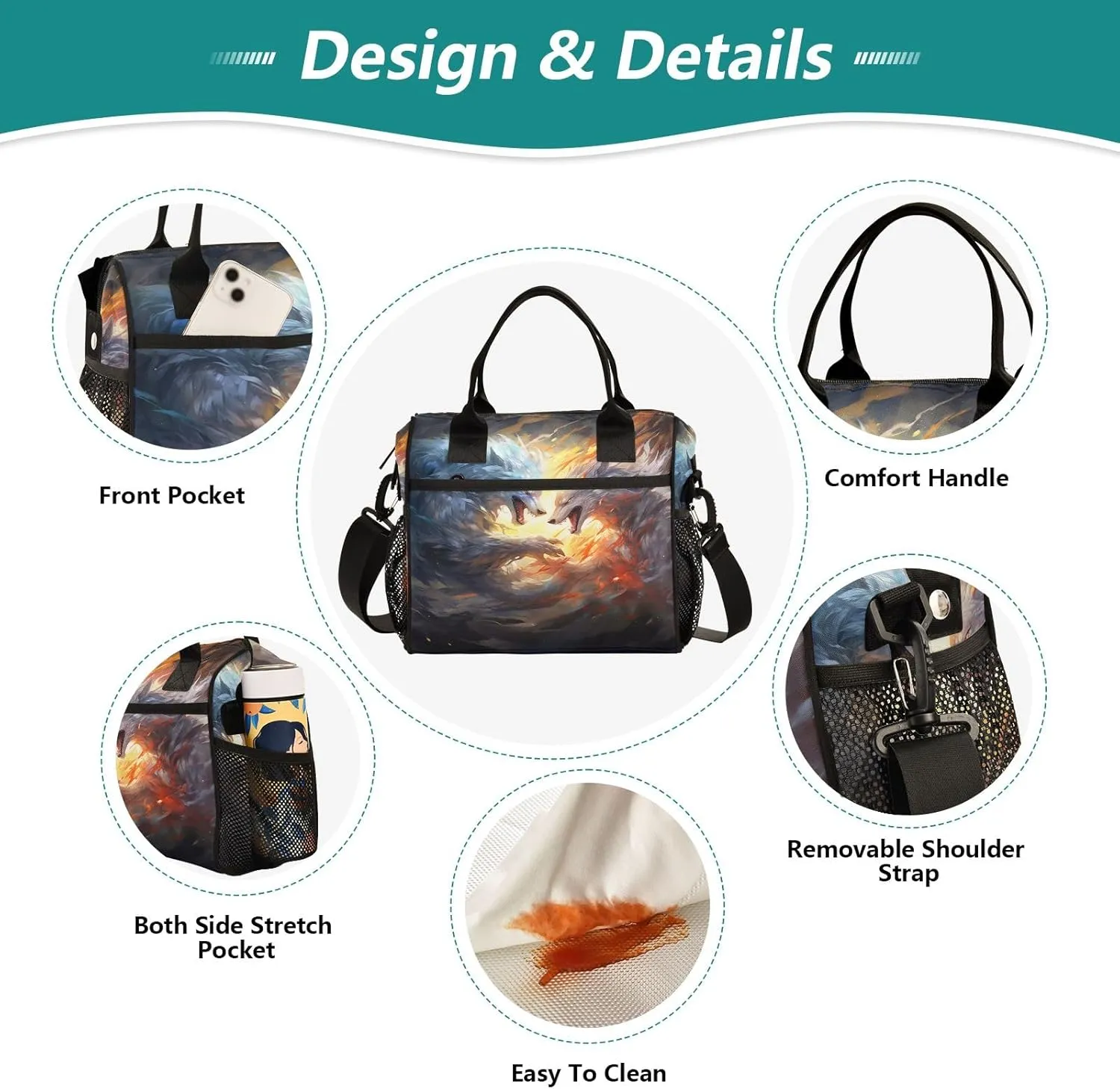Adult Lunch Box Insulated Lunch Bag Two Wolves Battle in The Sky Large Cooler Tote Bag for Work Picnic or Travel with Adjustable Shoulder Strap