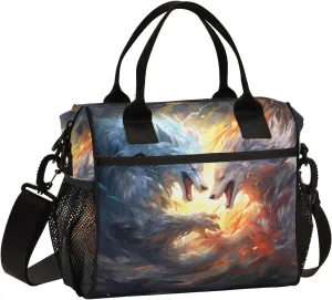 Adult Lunch Box Insulated Lunch Bag Two Wolves Battle in The Sky Large Cooler Tote Bag for Work Picnic or Travel with Adjustable Shoulder Strap