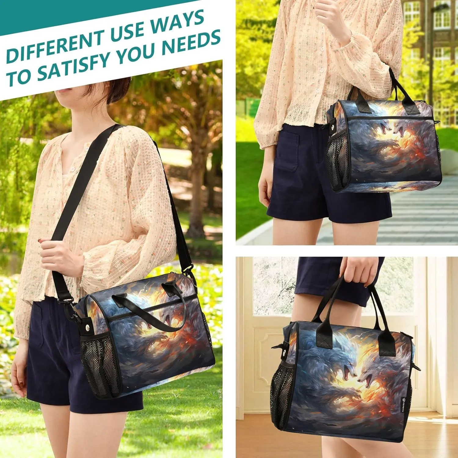 Adult Lunch Box Insulated Lunch Bag Two Wolves Battle in The Sky Large Cooler Tote Bag for Work Picnic or Travel with Adjustable Shoulder Strap