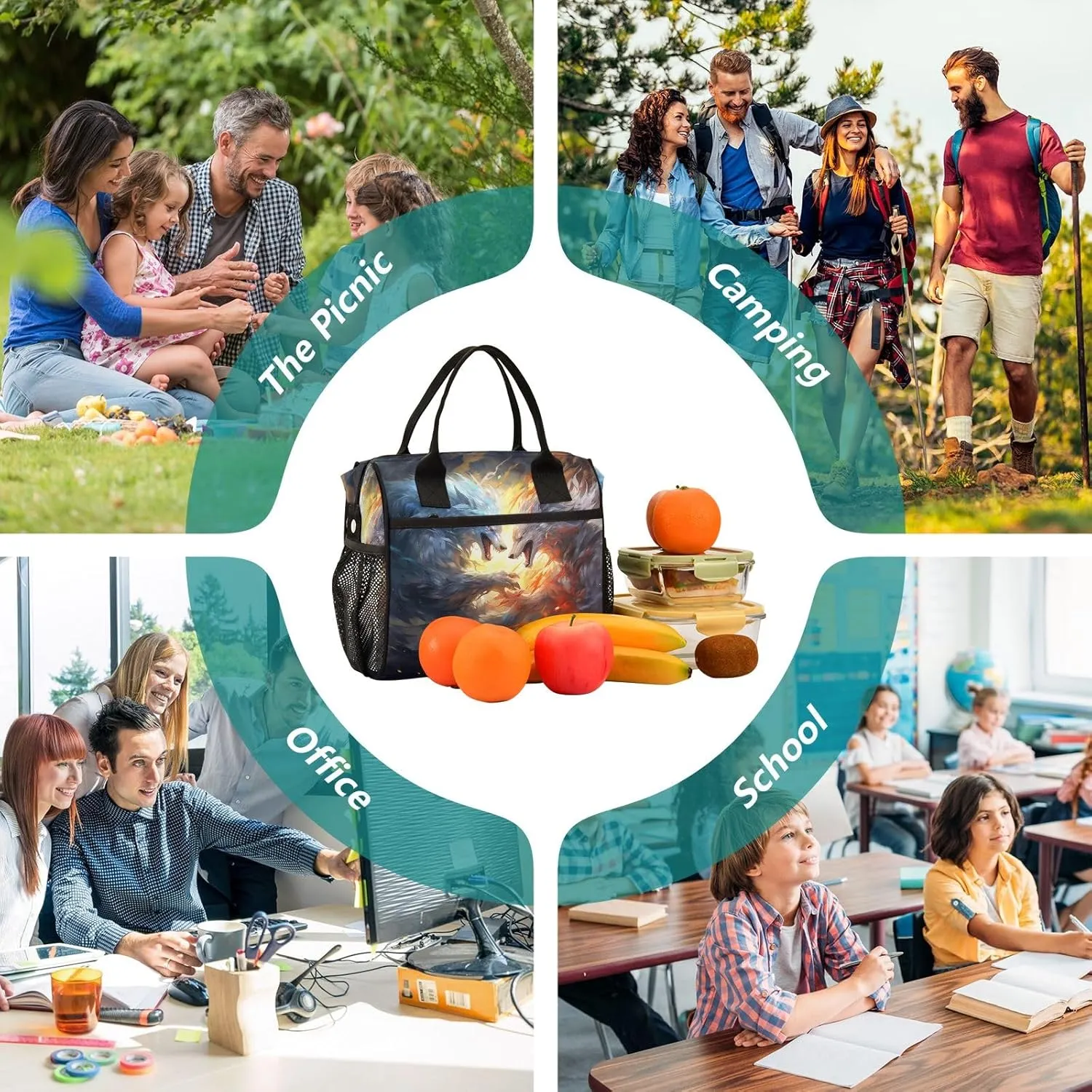 Adult Lunch Box Insulated Lunch Bag Two Wolves Battle in The Sky Large Cooler Tote Bag for Work Picnic or Travel with Adjustable Shoulder Strap
