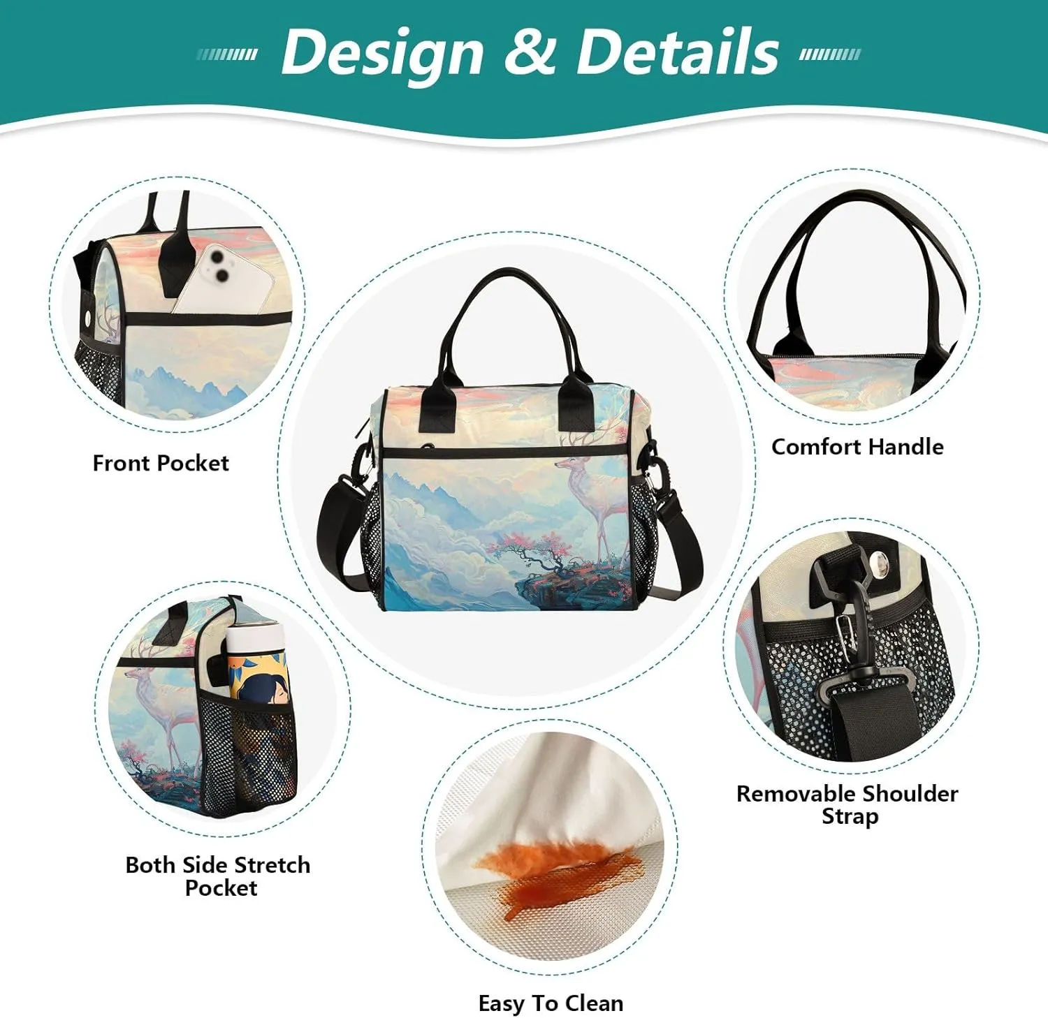 Adult Lunch Box Insulated Lunch Bag Watercolor Deer and Flowers Tree on The Cliff Large Cooler Tote Bag for Work Picnic or Travel with Adjustable Shoulder Strap