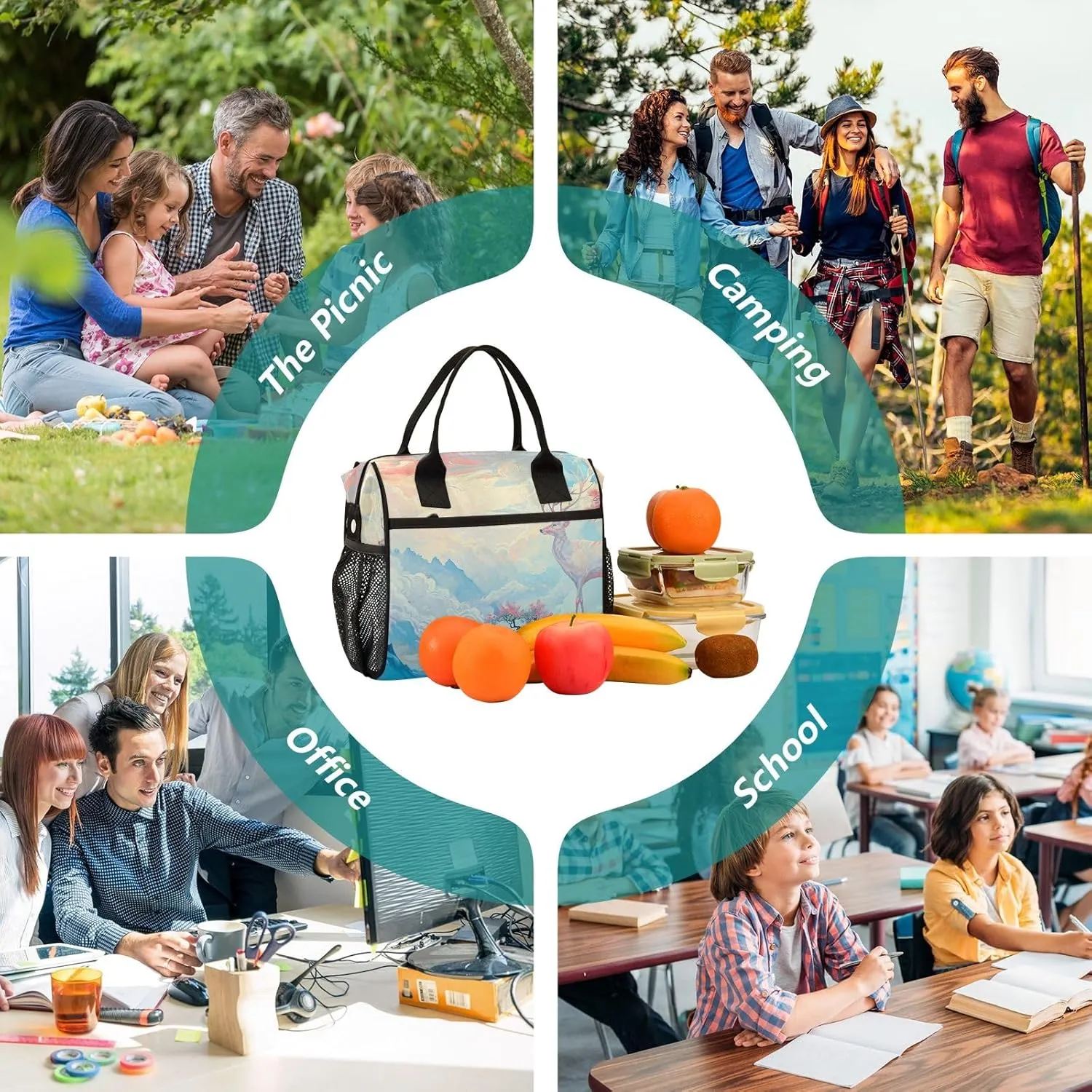 Adult Lunch Box Insulated Lunch Bag Watercolor Deer and Flowers Tree on The Cliff Large Cooler Tote Bag for Work Picnic or Travel with Adjustable Shoulder Strap