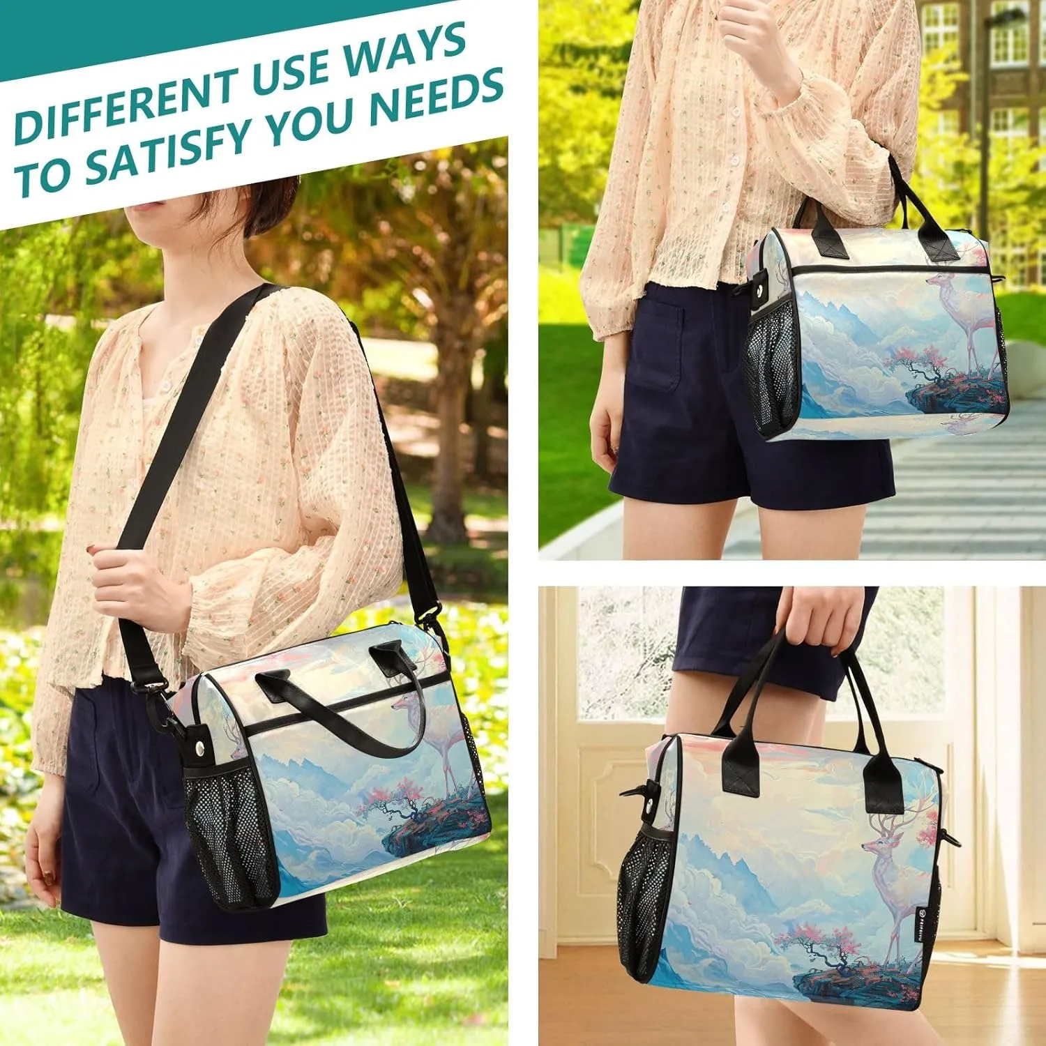 Adult Lunch Box Insulated Lunch Bag Watercolor Deer and Flowers Tree on The Cliff Large Cooler Tote Bag for Work Picnic or Travel with Adjustable Shoulder Strap