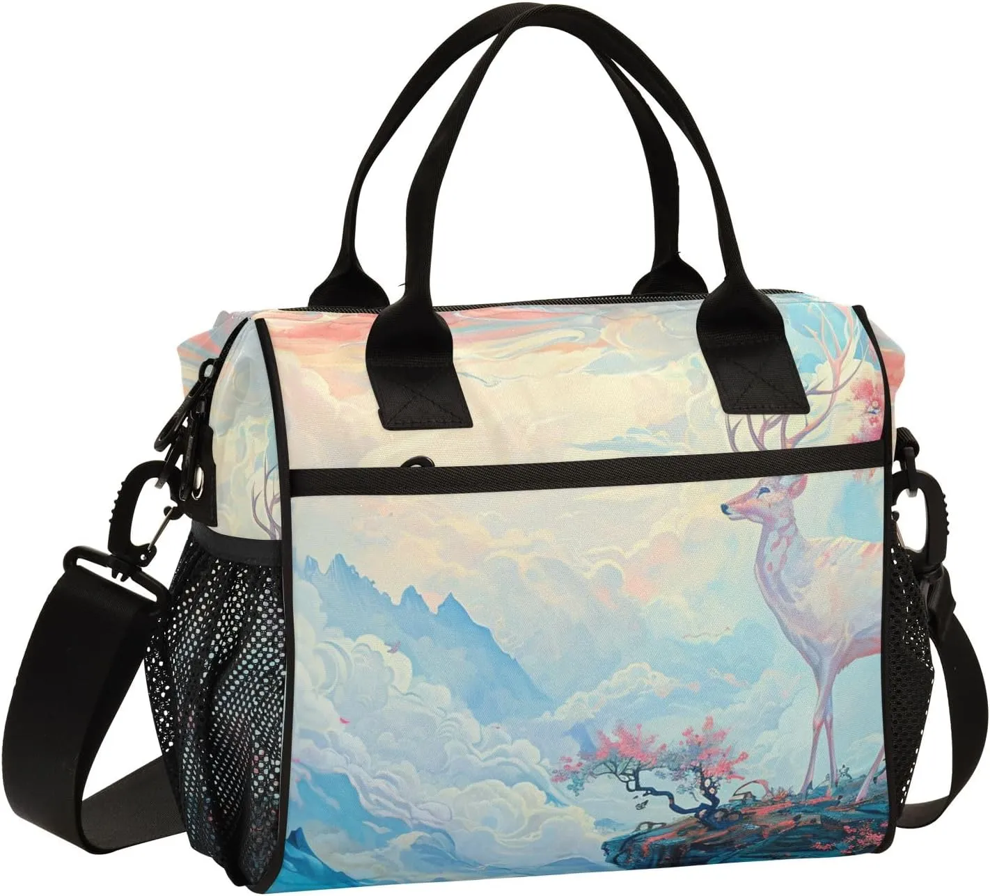 Adult Lunch Box Insulated Lunch Bag Watercolor Deer and Flowers Tree on The Cliff Large Cooler Tote Bag for Work Picnic or Travel with Adjustable Shoulder Strap