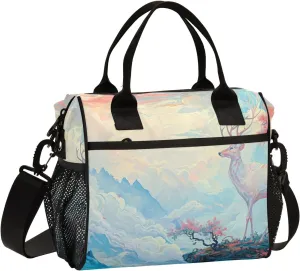 Adult Lunch Box Insulated Lunch Bag Watercolor Deer and Flowers Tree on The Cliff Large Cooler Tote Bag for Work Picnic or Travel with Adjustable Shoulder Strap
